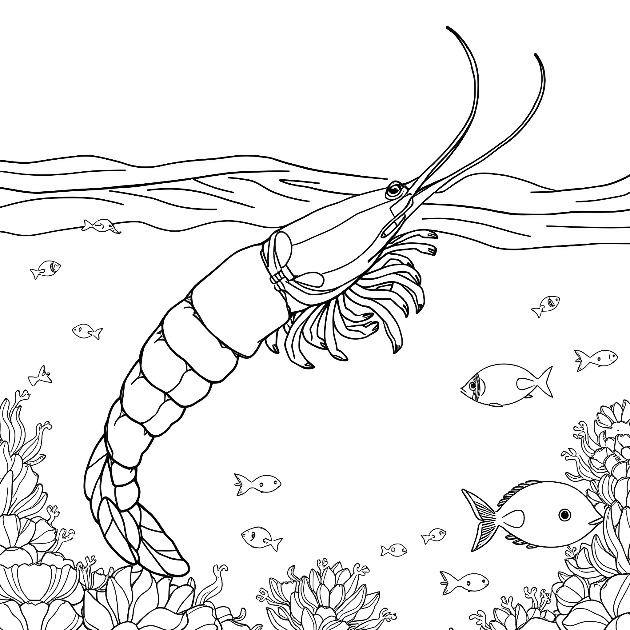 Shrimp swimming among vibrant marine life Coloring Page (free black-and-white line drawing printable PDF for all, from beginners to advanced learners, including children, teens, adults, and seniors)
