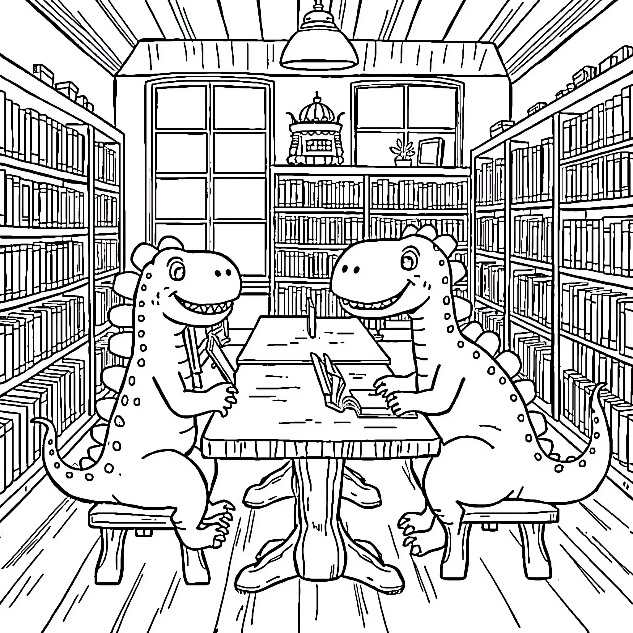 Dinosaur researchers studying at the library Coloring Page (free black-and-white line drawing printable PDF for all, from beginners to advanced learners, including children, teens, adults, and seniors)