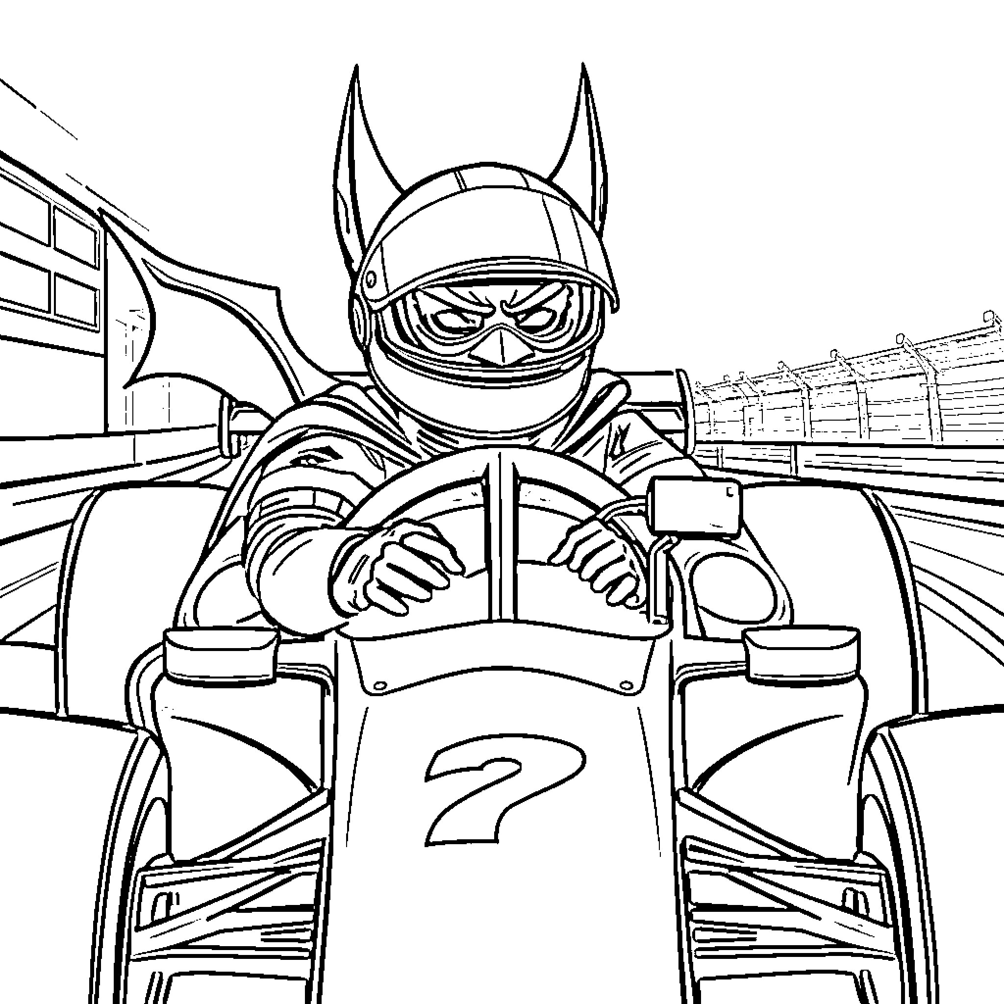 Bat racing in a high-speed vehicle Coloring Page (free black-and-white line drawing printable PDF for all, from beginners to advanced learners, including children, teens, adults, and seniors)