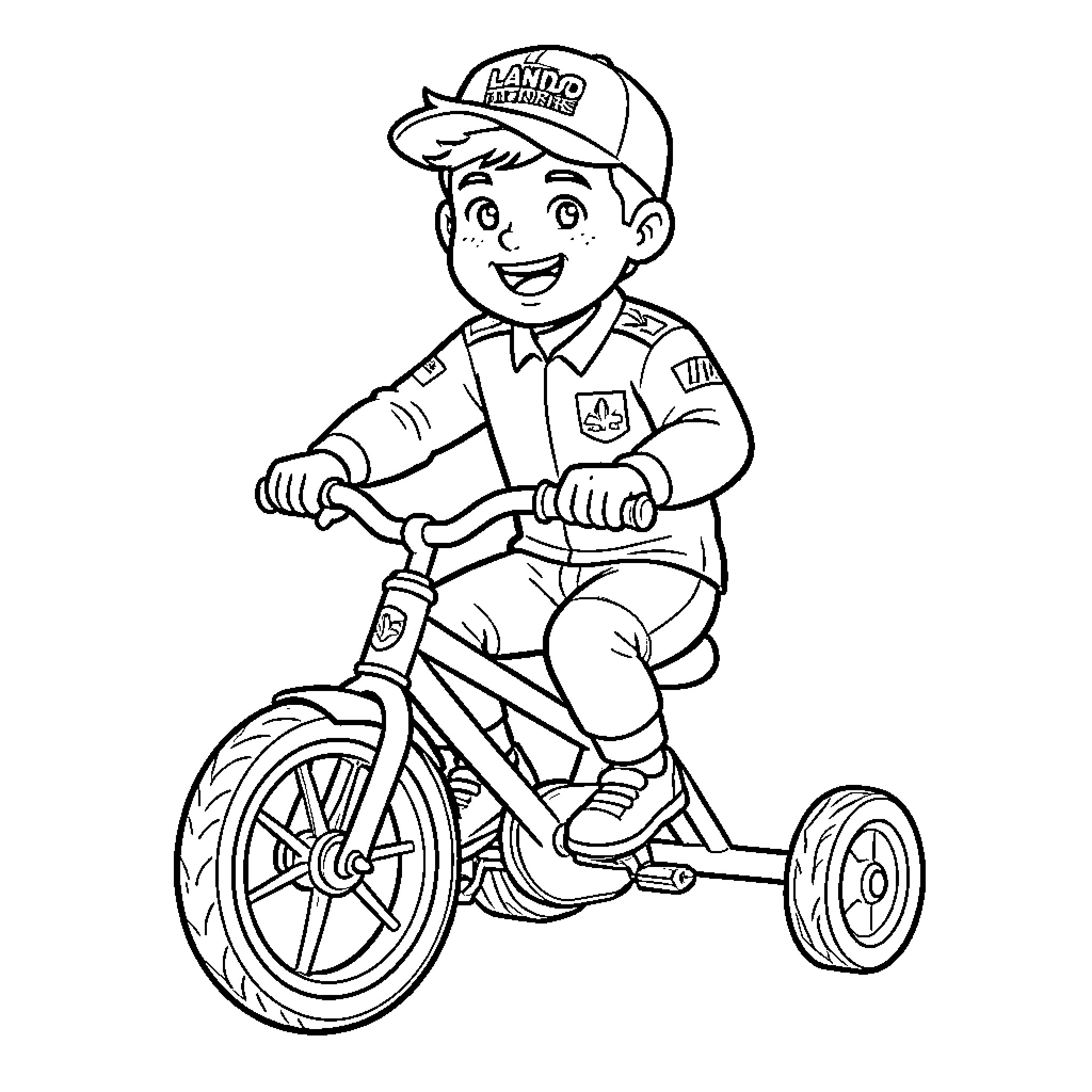 Lando Norris riding a tricycle happily Coloring Page (free black-and-white line drawing printable PDF for all, from beginners to advanced learners, including children, teens, adults, and seniors)
