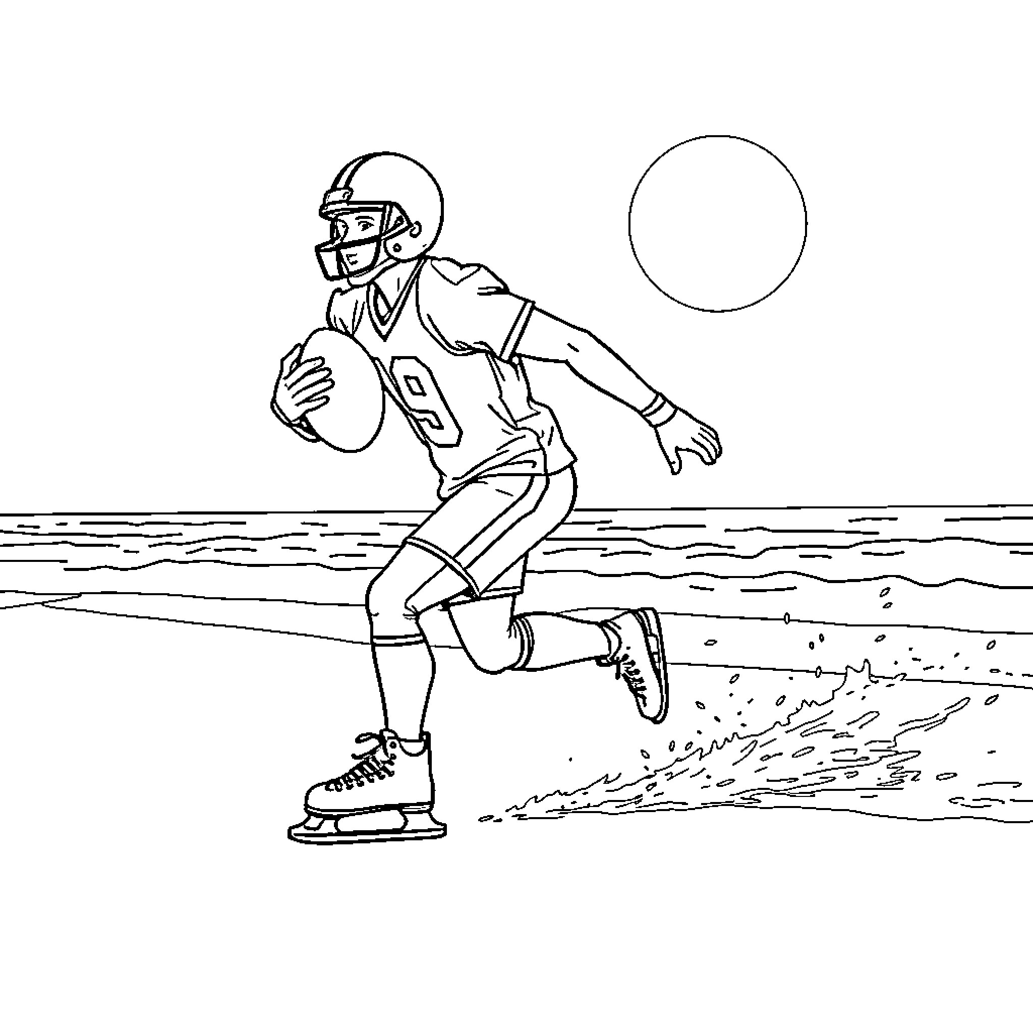 Football Player Running on Field Coloring Page (free black-and-white line drawing printable PDF for all, from beginners to advanced learners, including children, teens, adults, and seniors)