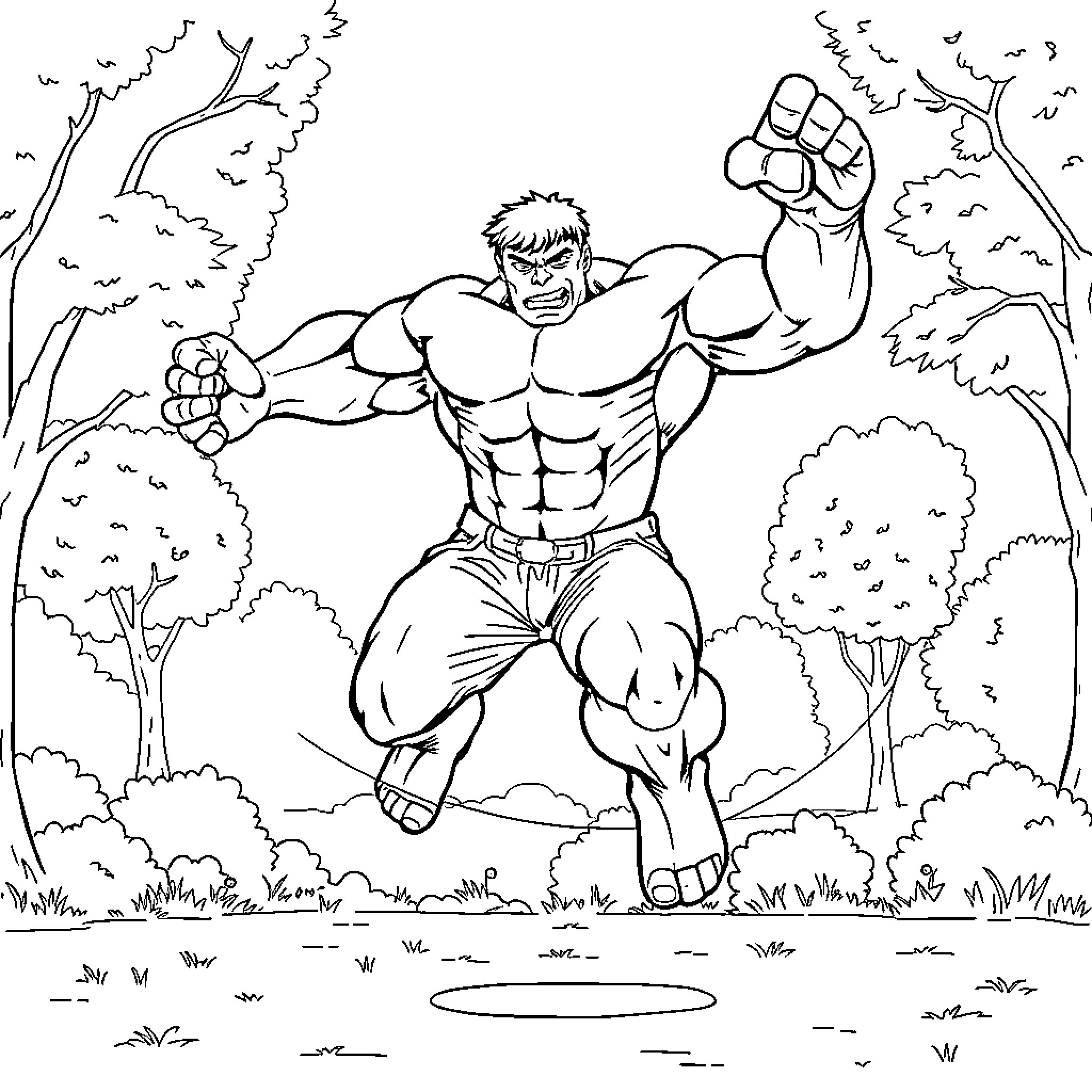 Hulk's Powerful Leap through the Wilderness Coloring Page (free black-and-white line drawing printable PDF for all, from beginners to advanced learners, including children, teens, adults, and seniors)