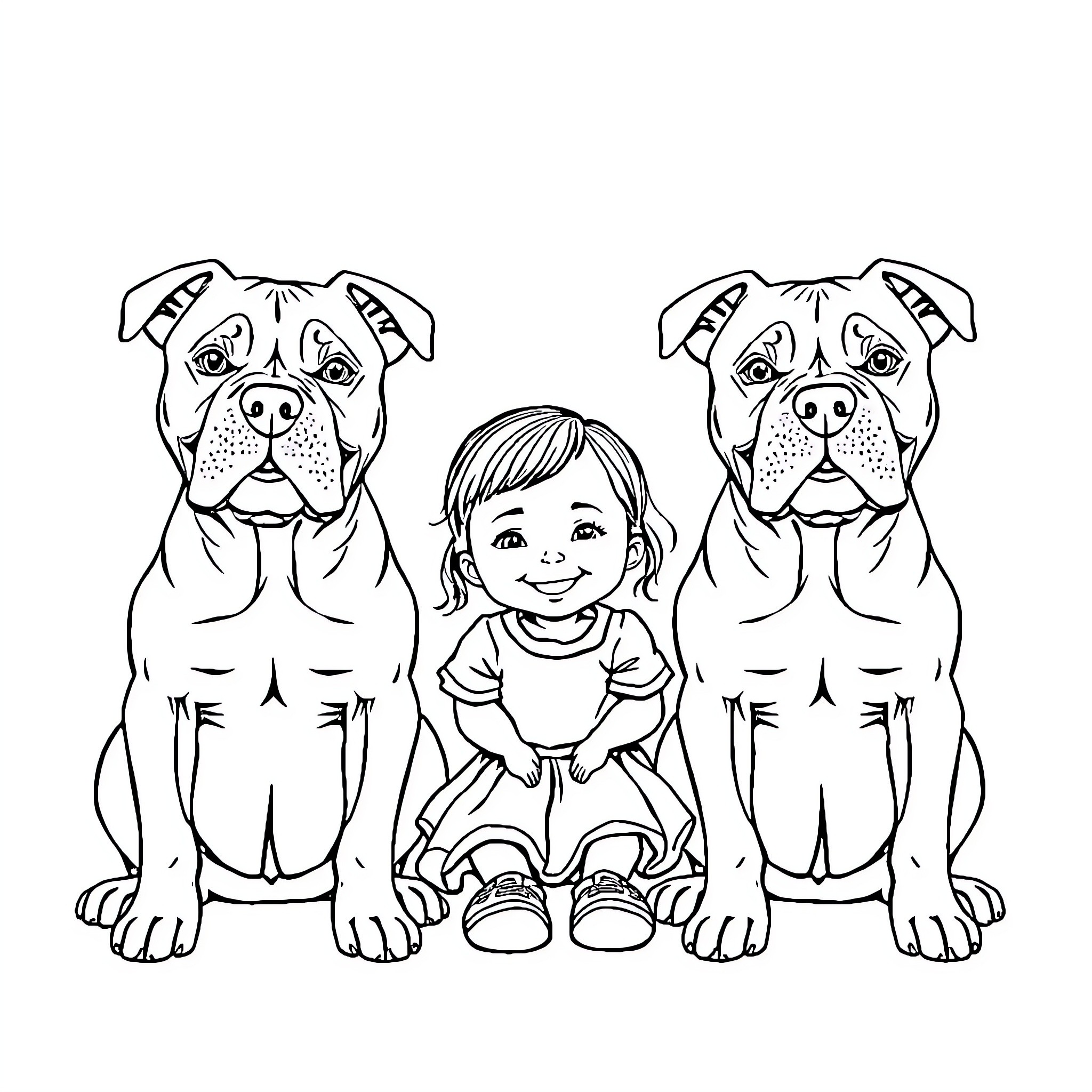 Pitbull dogs with a smiling girl Coloring Page (free black-and-white line drawing printable PDF for all, from beginners to advanced learners, including children, teens, adults, and seniors)