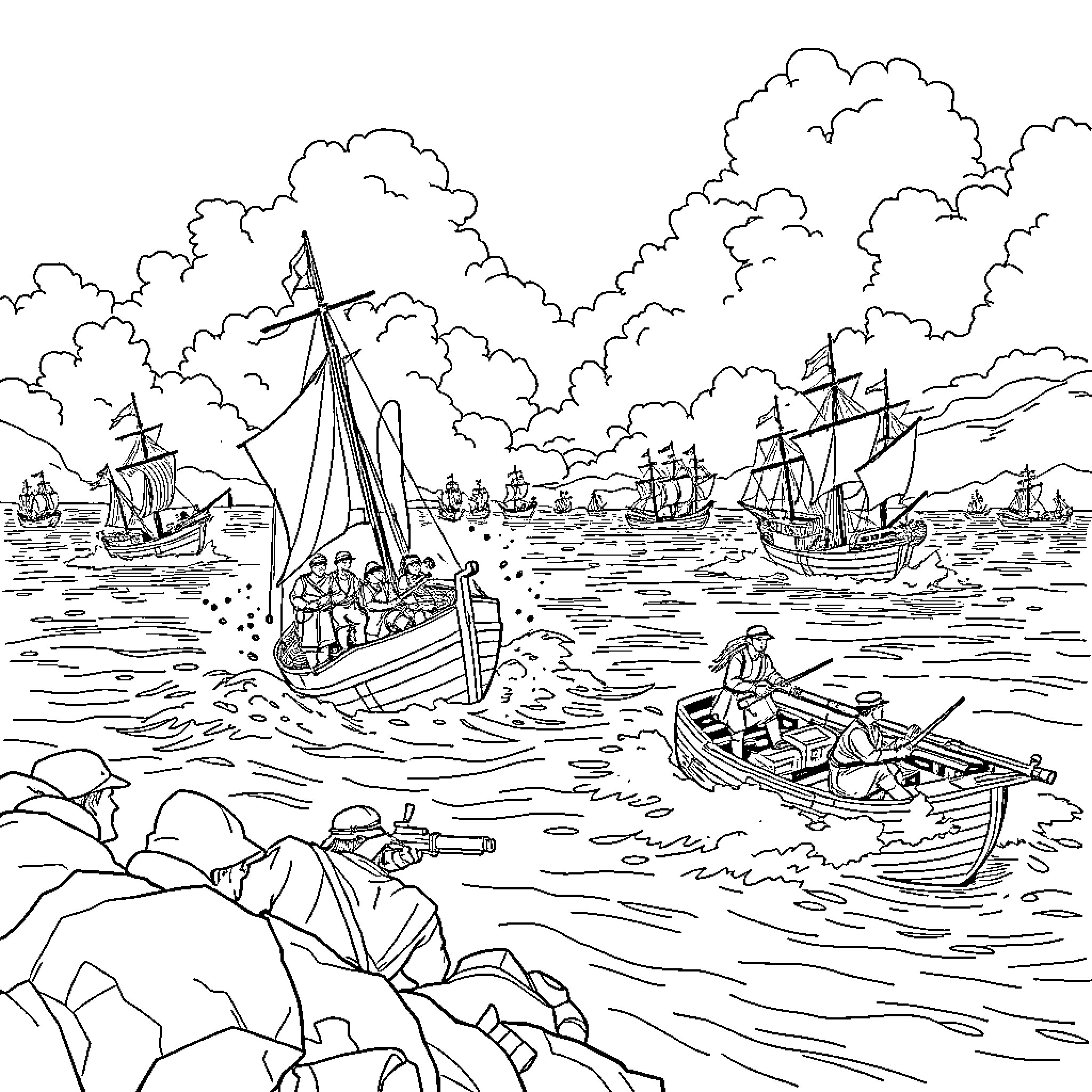 Combate entre navios no oceano Coloring Page (free black-and-white line drawing printable PDF for all, from beginners to advanced learners, including children, teens, adults, and seniors)