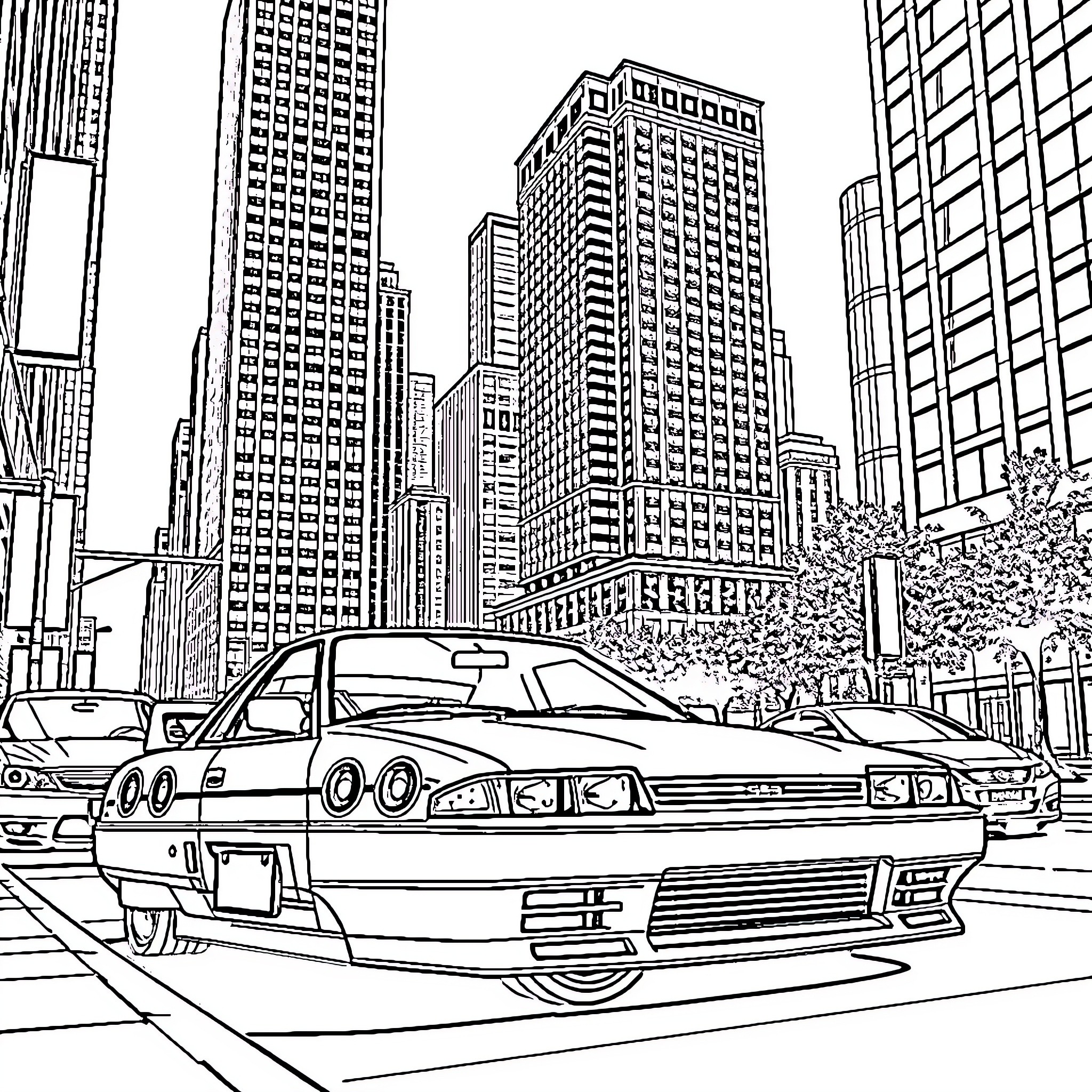 Nissan Skyline racing through the city Coloring Page (free black-and-white line drawing printable PDF for all, from beginners to advanced learners, including children, teens, adults, and seniors)
