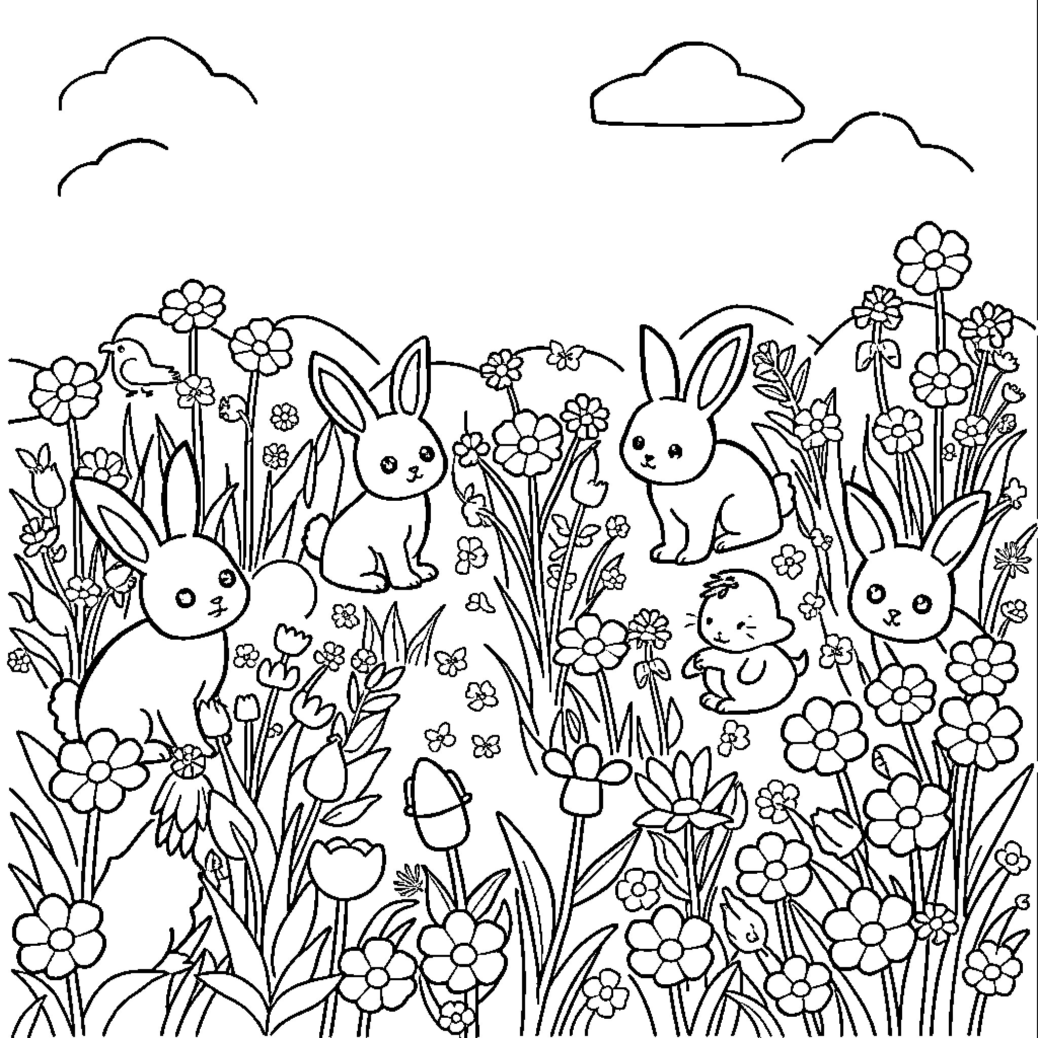 Animal friends in a flower garden Coloring Page (free black-and-white line drawing printable PDF for all, from beginners to advanced learners, including children, teens, adults, and seniors)
