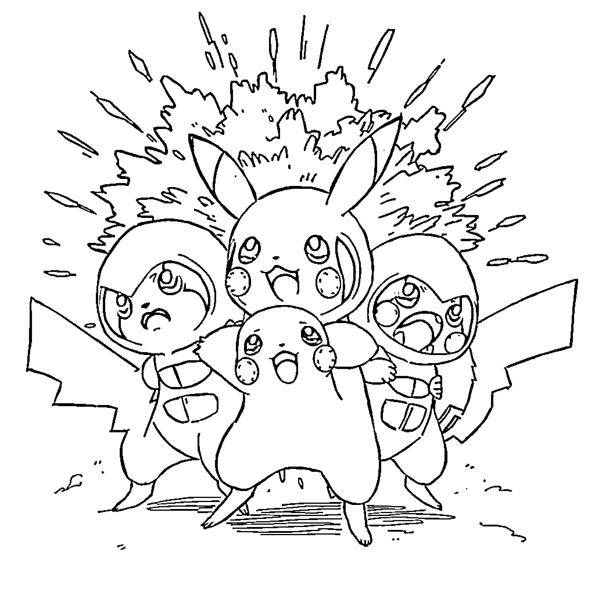 Team Rocket's Comical Encounter Coloring Page (free black-and-white line drawing printable PDF for all, from beginners to advanced learners, including children, teens, adults, and seniors)