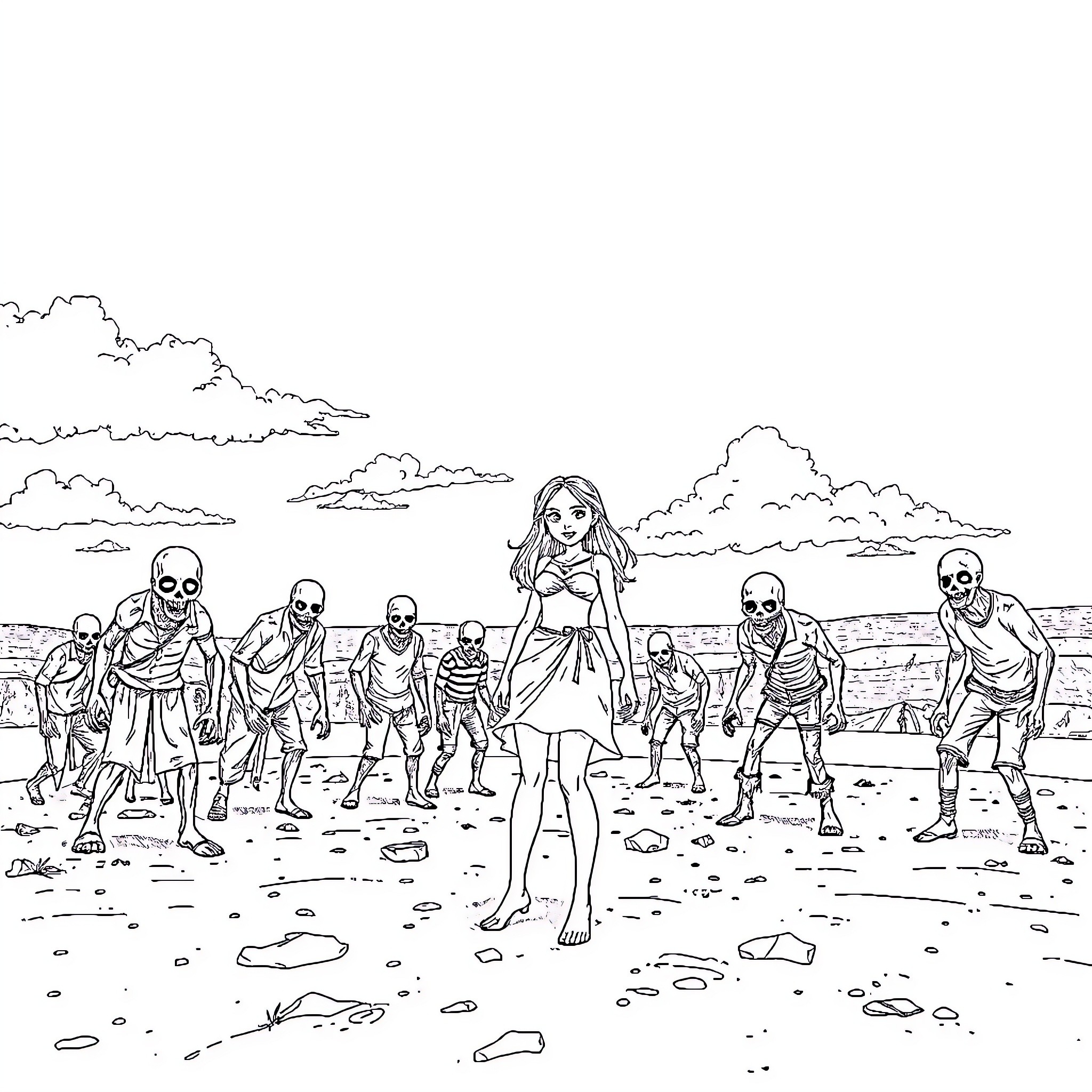 Zombie Survivors Wandering on Desolate Beach Coloring Page (free black-and-white line drawing printable PDF for all, from beginners to advanced learners, including children, teens, adults, and seniors)