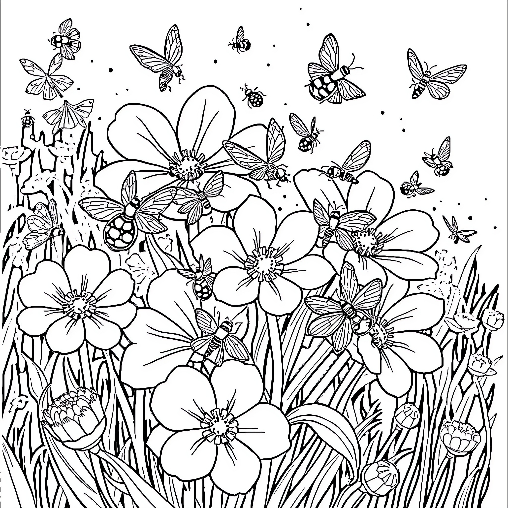 Bug Filled Floral Scene with Butterflies Coloring Page (free black-and-white line drawing printable PDF for all, from beginners to advanced learners, including children, teens, adults, and seniors)