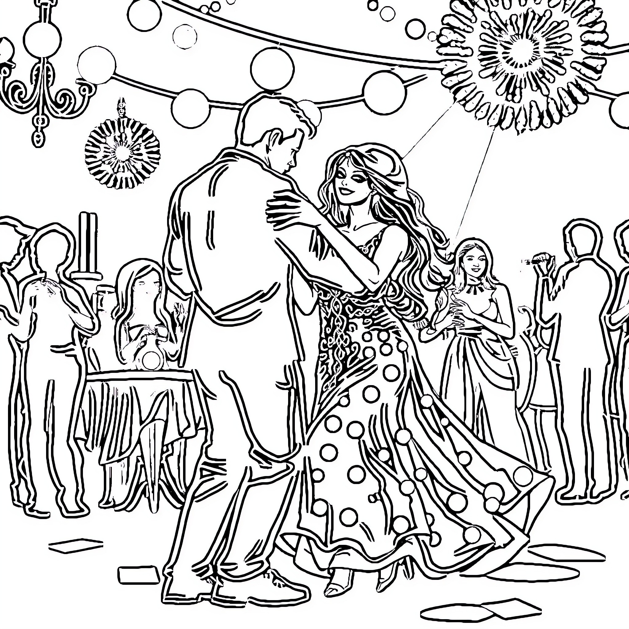Frosono: Couple dancing amidst festive decorations Coloring Page (free black-and-white line drawing printable PDF for all, from beginners to advanced learners, including children, teens, adults, and seniors)