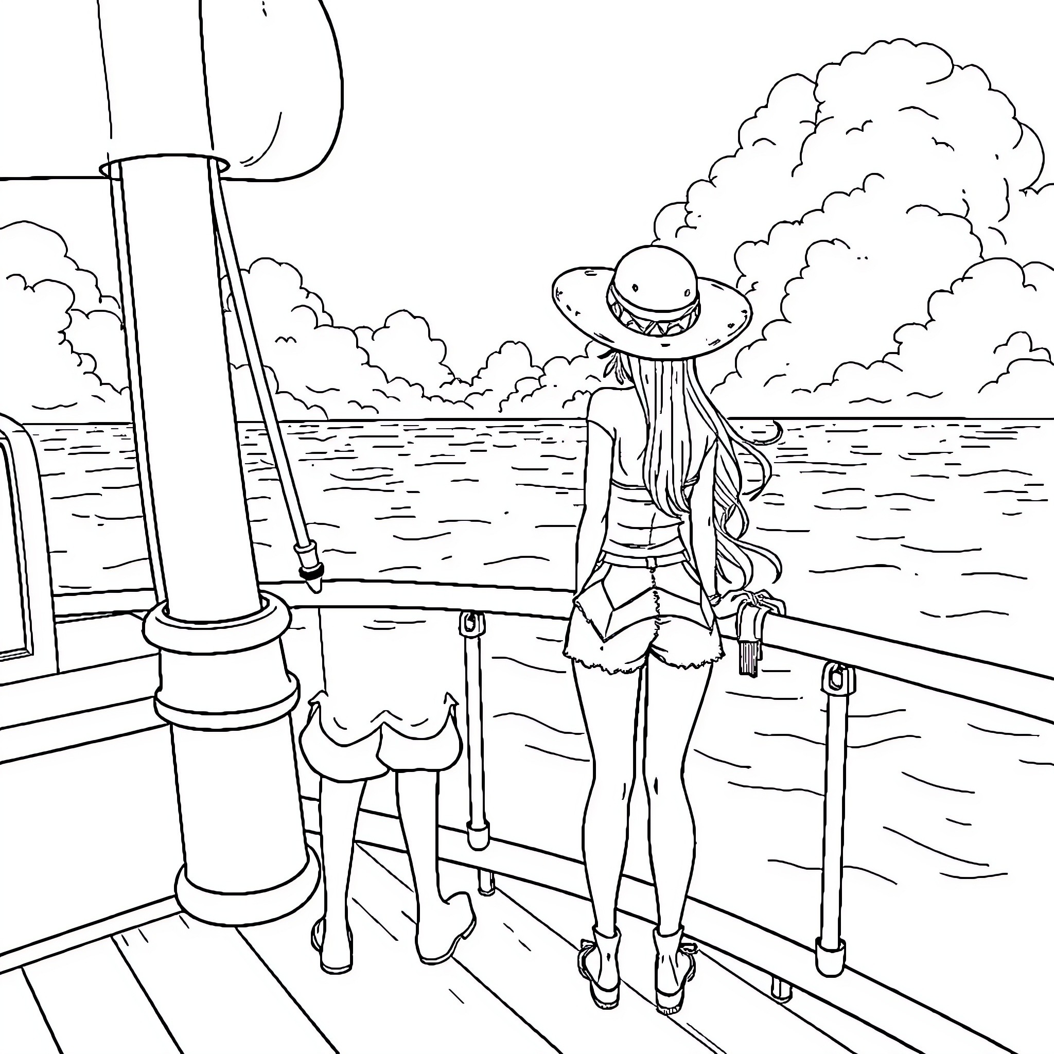 Zoro's Scenic Sailing Adventure Coloring Page (free black-and-white line drawing printable PDF for all, from beginners to advanced learners, including children, teens, adults, and seniors)