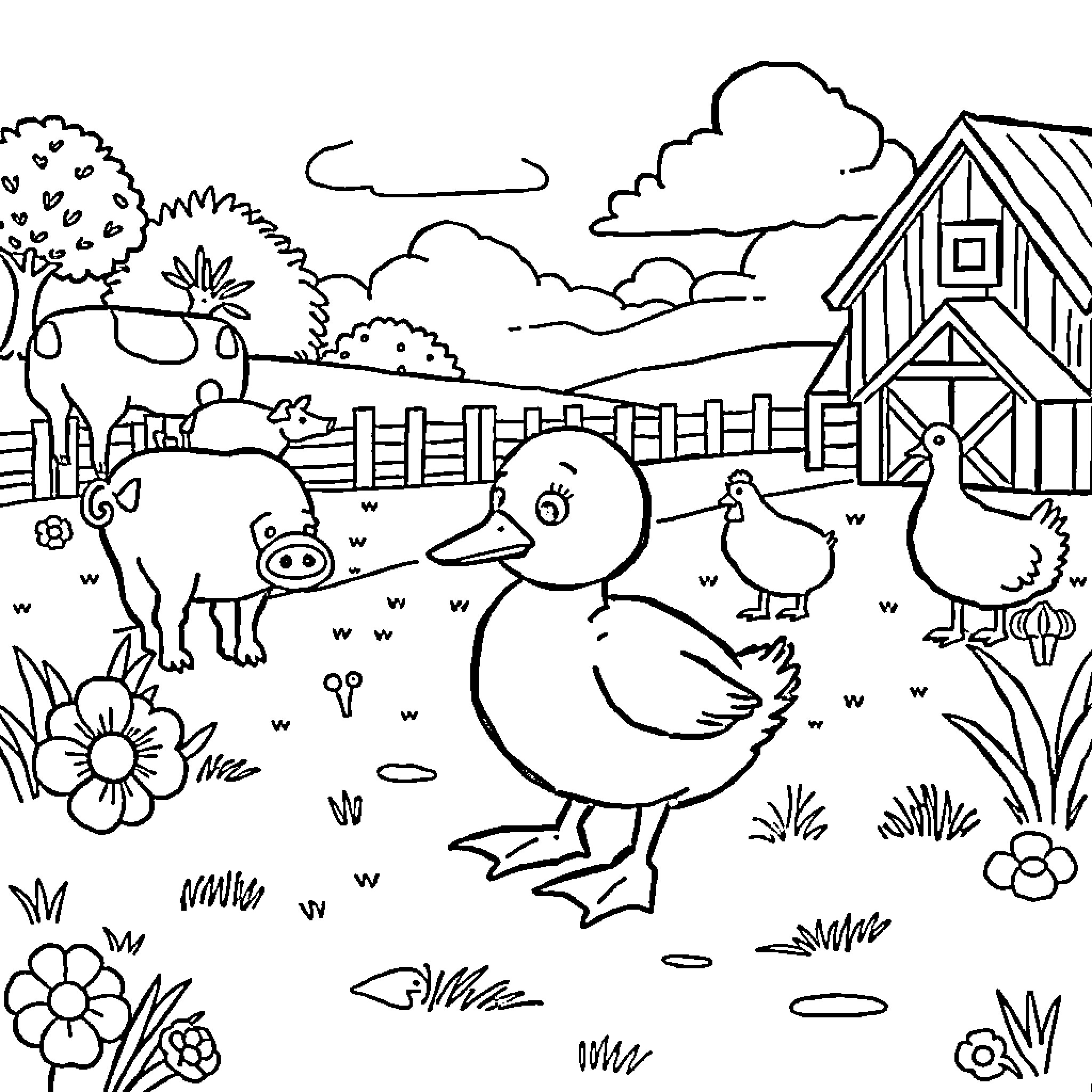 Duck exploring a scenic farmyard Coloring Page (free black-and-white line drawing printable PDF for all, from beginners to advanced learners, including children, teens, adults, and seniors)