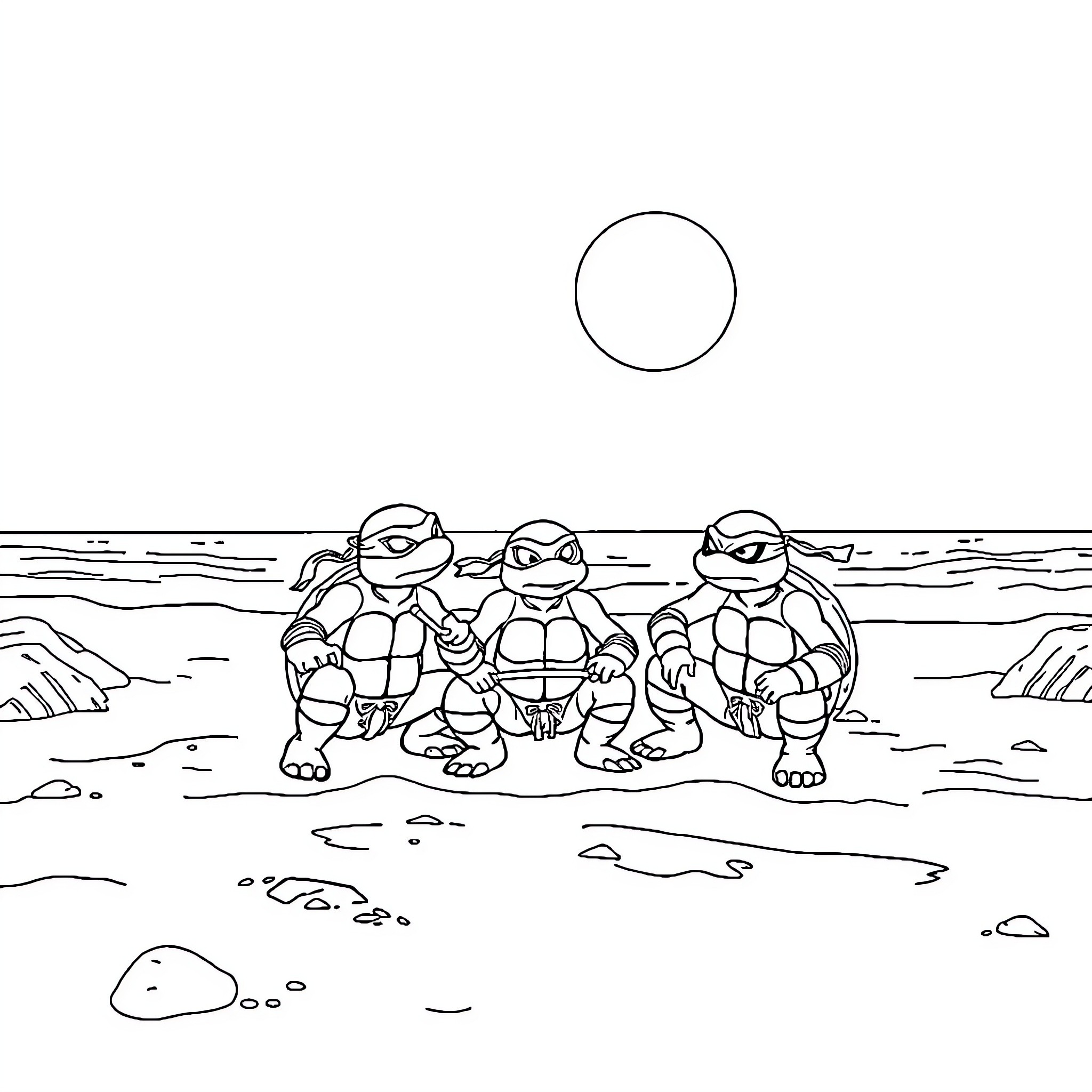 Ninja Turtles relaxing by the shore Coloring Page (free black-and-white line drawing printable PDF for all, from beginners to advanced learners, including children, teens, adults, and seniors)