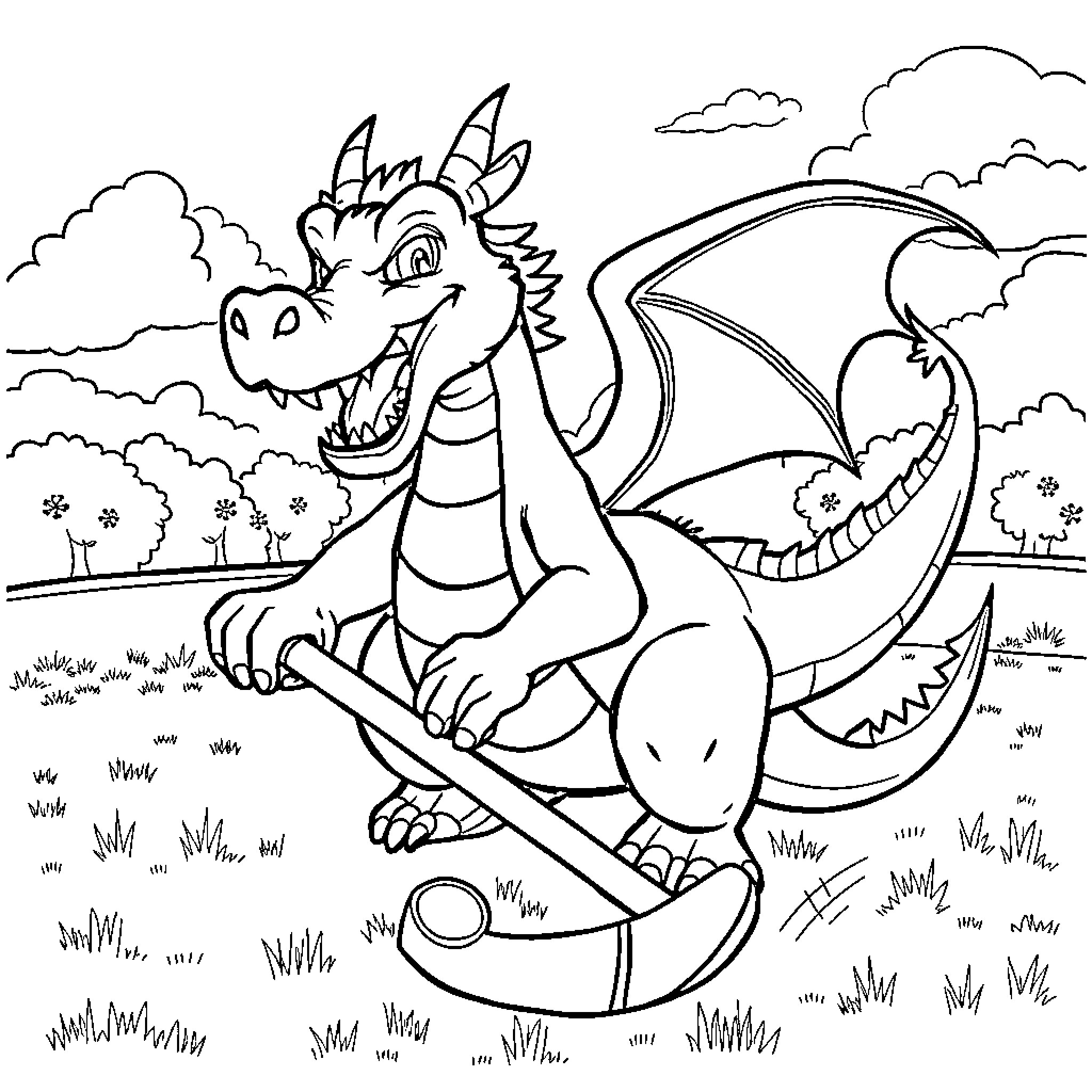 Dragon soaring joyfully in a verdant landscape Coloring Page (free black-and-white line drawing printable PDF for all, from beginners to advanced learners, including children, teens, adults, and seniors)