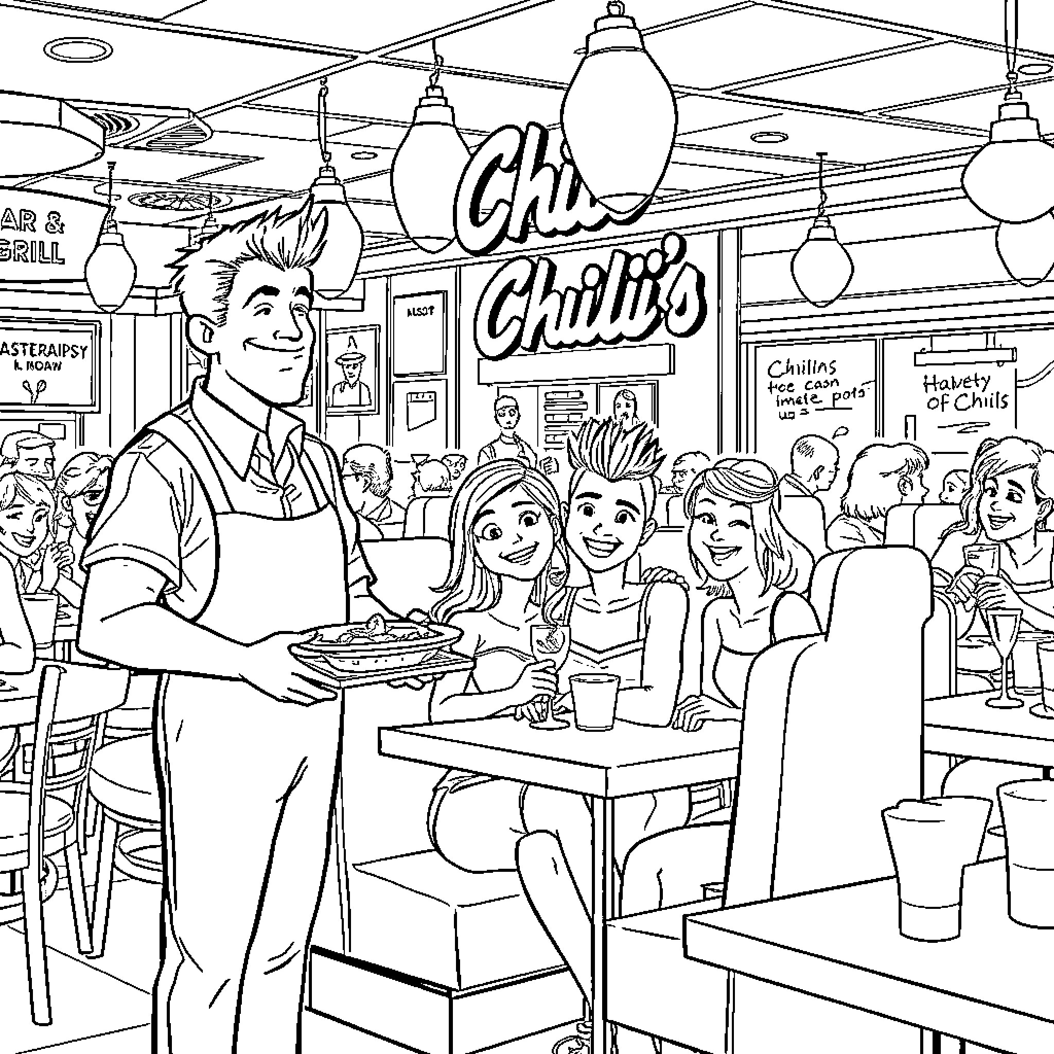 Server working in a bustling restaurant scene Coloring Page (free black-and-white line drawing printable PDF for all, from beginners to advanced learners, including children, teens, adults, and seniors)