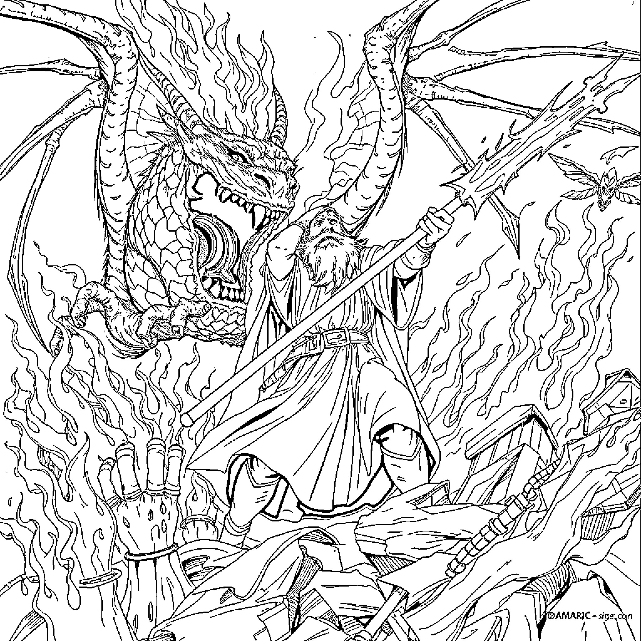 Gandalf battling a fierce dragon in a fantasy landscape Coloring Page (free black-and-white line drawing printable PDF for all, from beginners to advanced learners, including children, teens, adults, and seniors)