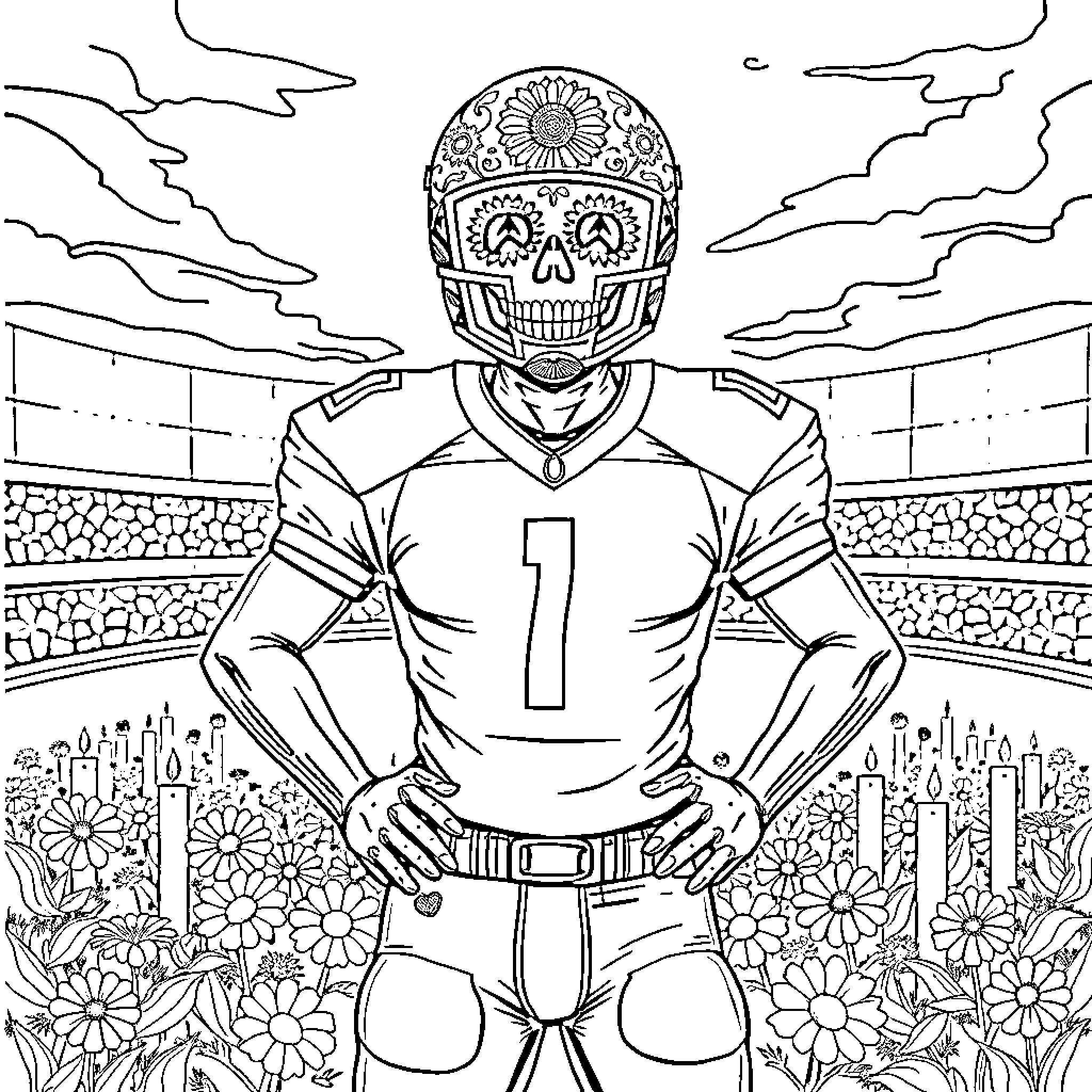 Football Player Posing Confidently in Floral Stadium Coloring Page (free black-and-white line drawing printable PDF for all, from beginners to advanced learners, including children, teens, adults, and seniors)
