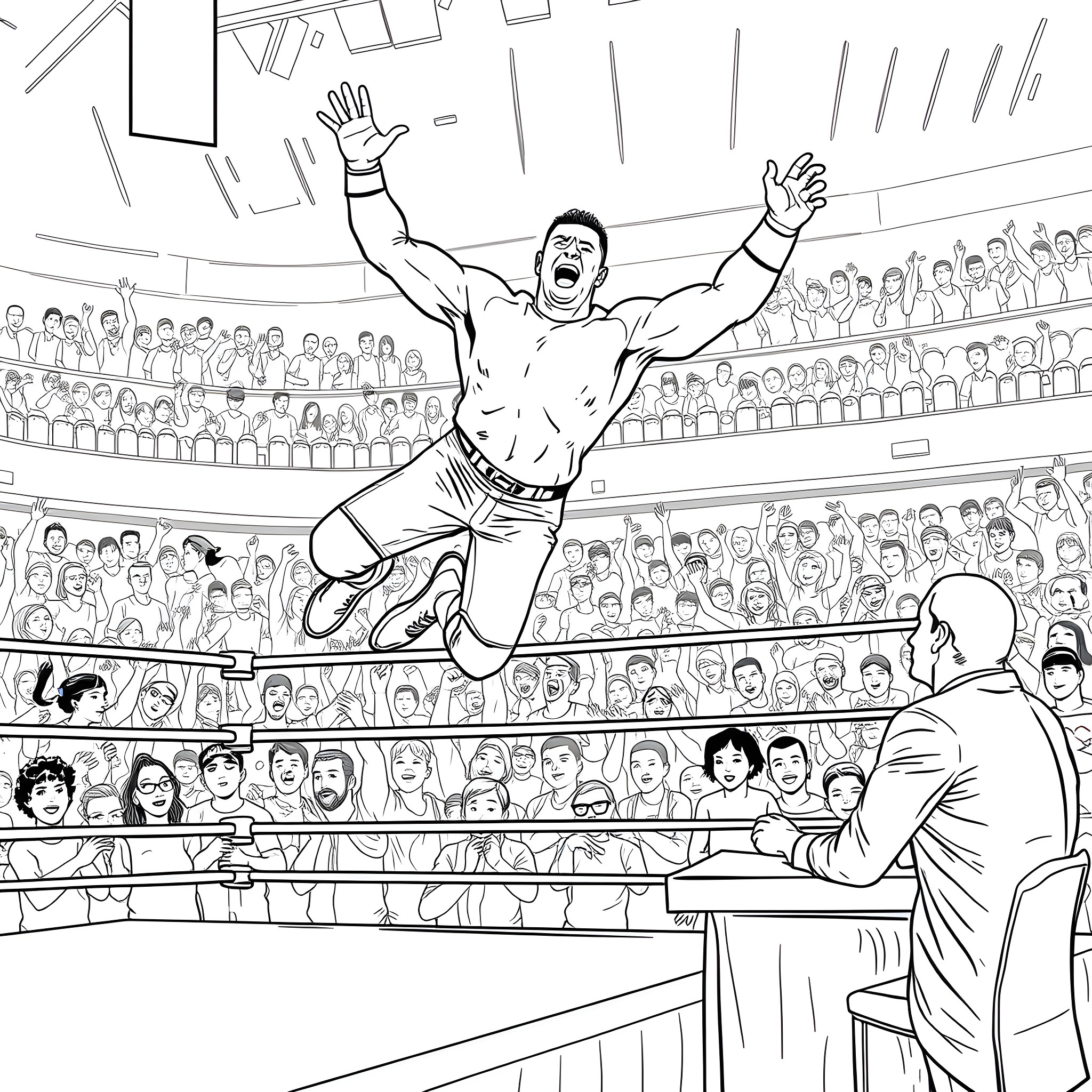 John Cena Triumphs in Exhilarating Wrestling Match Coloring Page (free black-and-white line drawing printable PDF for all, from beginners to advanced learners, including children, teens, adults, and seniors)