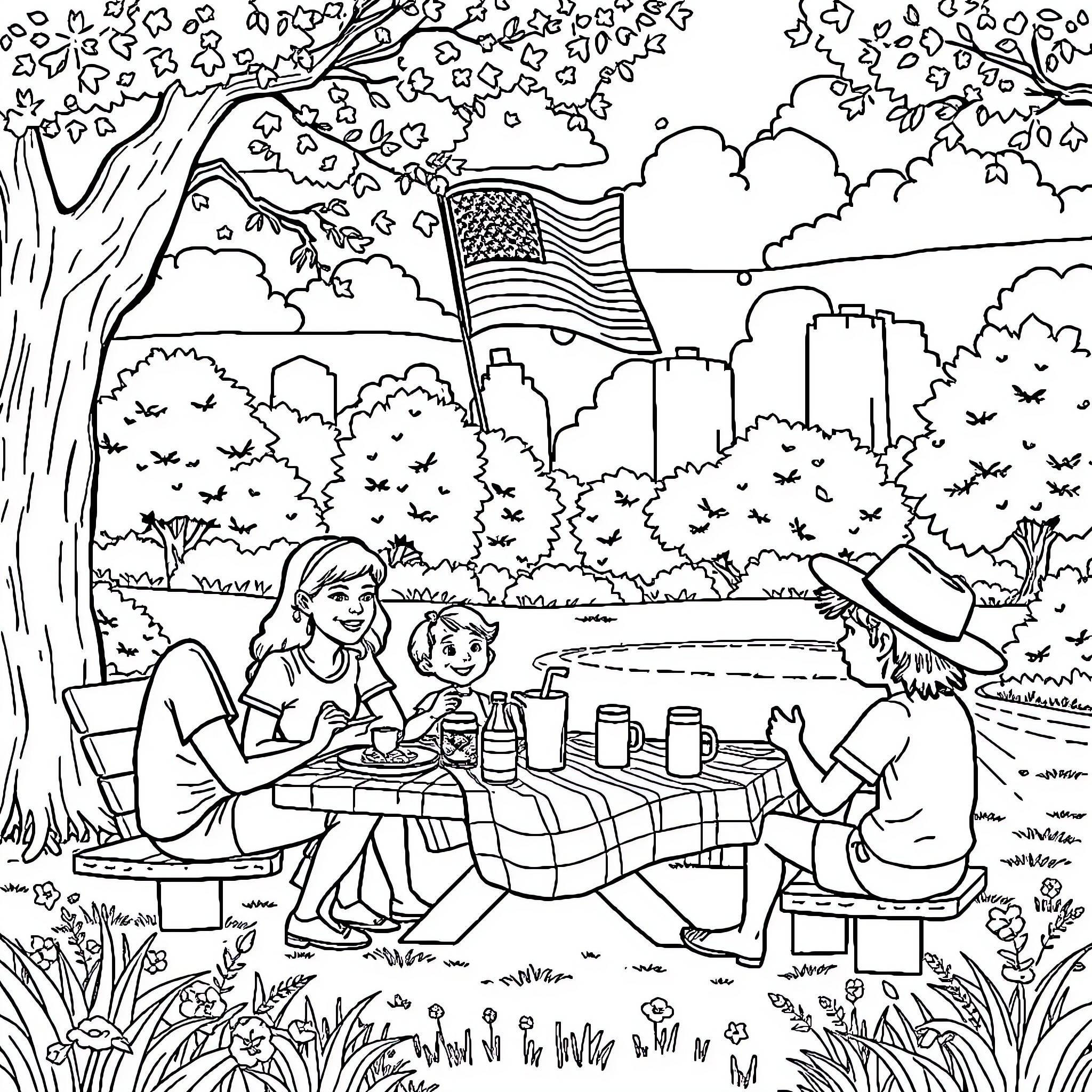 Labor Day Family Picnic in the Park Coloring Page (free black-and-white line drawing printable PDF for all, from beginners to advanced learners, including children, teens, adults, and seniors)