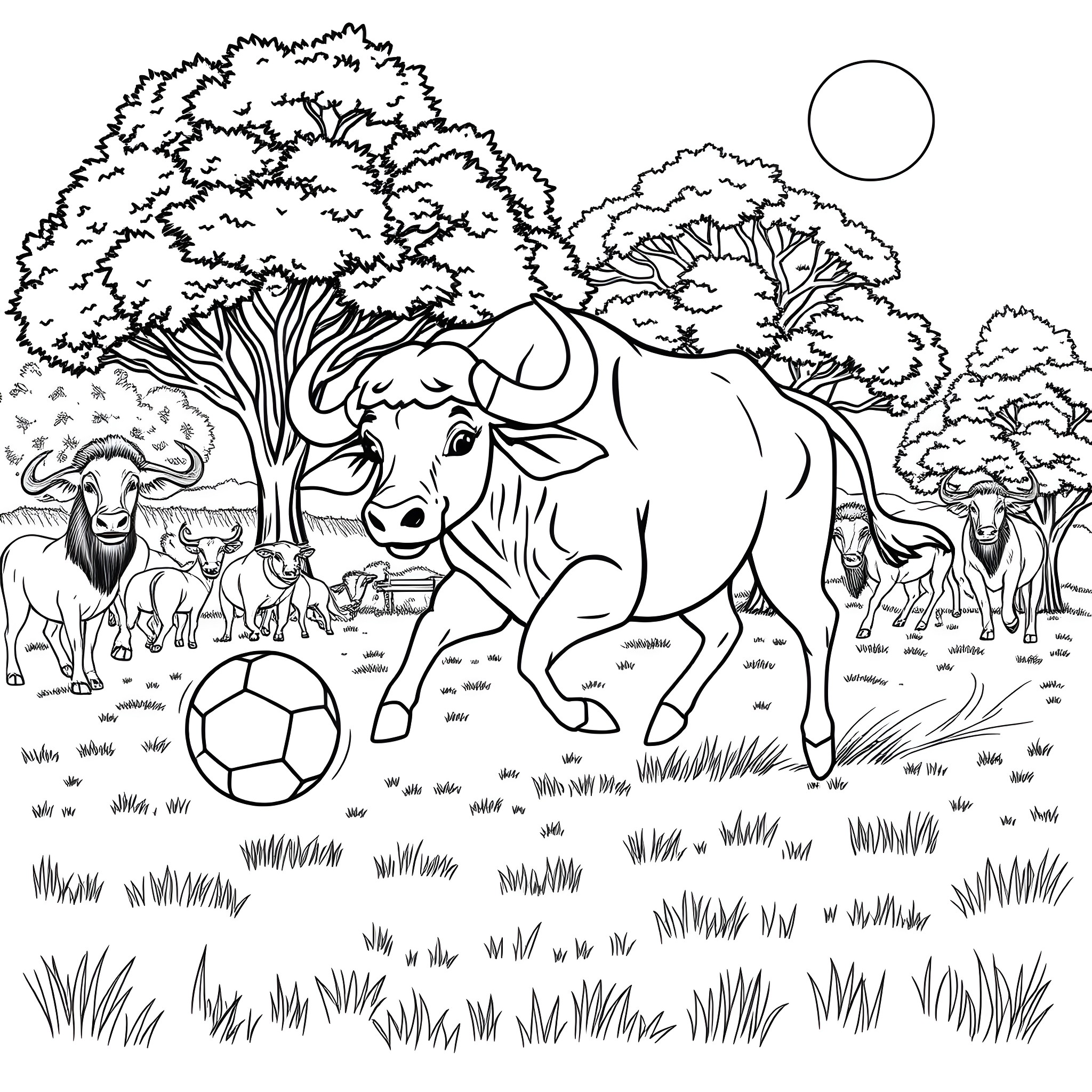 Buffalo playing with soccer ball in the wilderness Coloring Page (free black-and-white line drawing printable PDF for all, from beginners to advanced learners, including children, teens, adults, and seniors)
