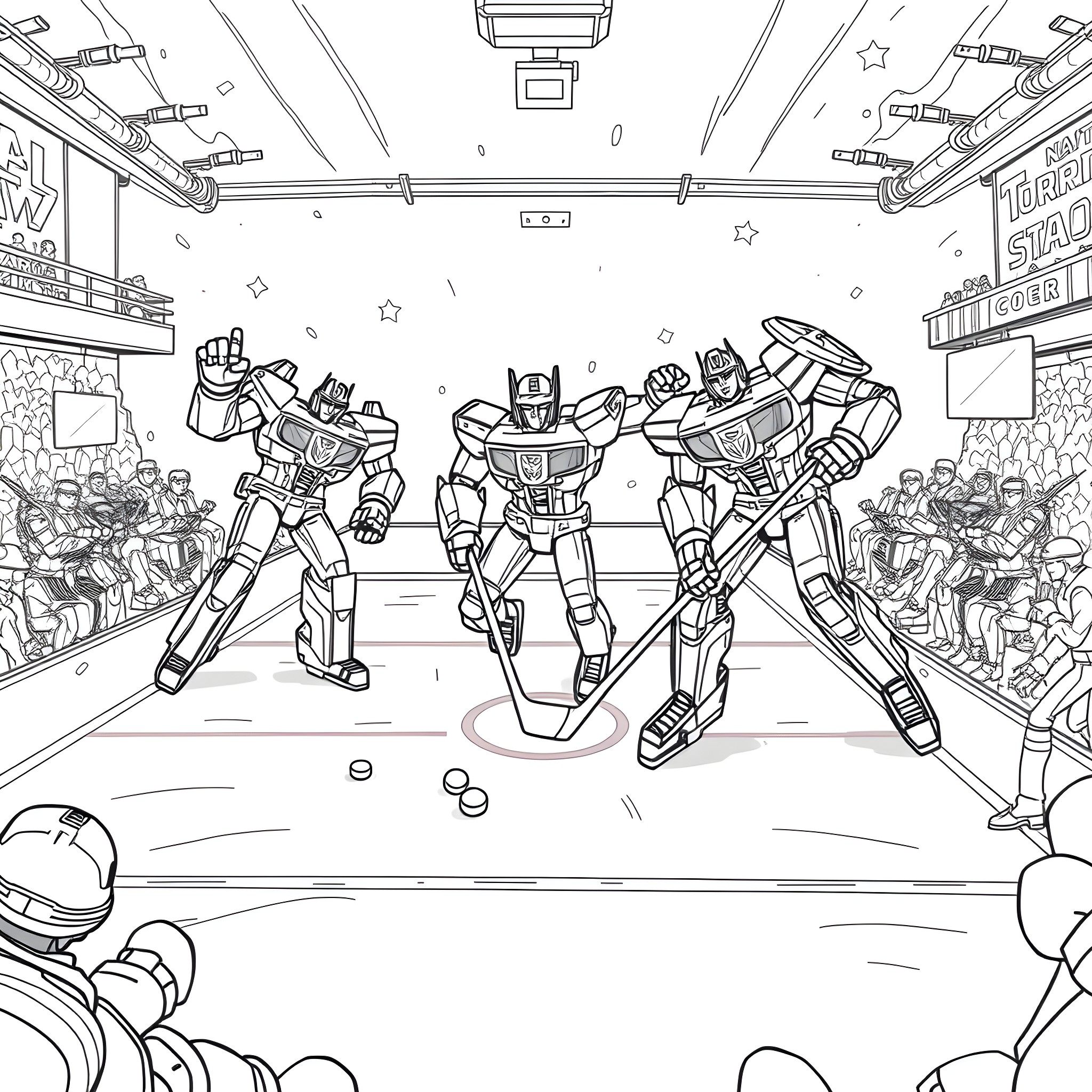 Transformer Robots Battling in Futuristic Arena Coloring Page (free black-and-white line drawing printable PDF for all, from beginners to advanced learners, including children, teens, adults, and seniors)