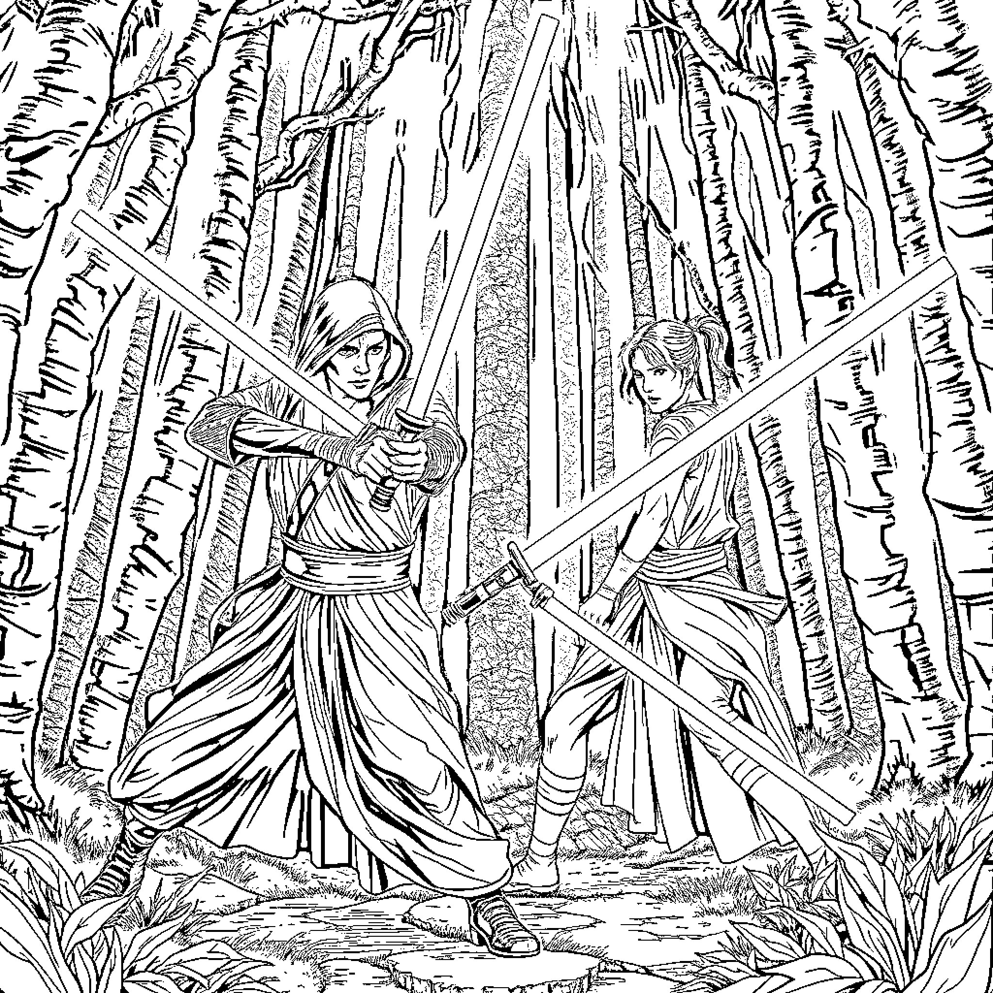 Kylo Ren's Duel in the Enchanted Forest Coloring Page (free black-and-white line drawing printable PDF for all, from beginners to advanced learners, including children, teens, adults, and seniors)