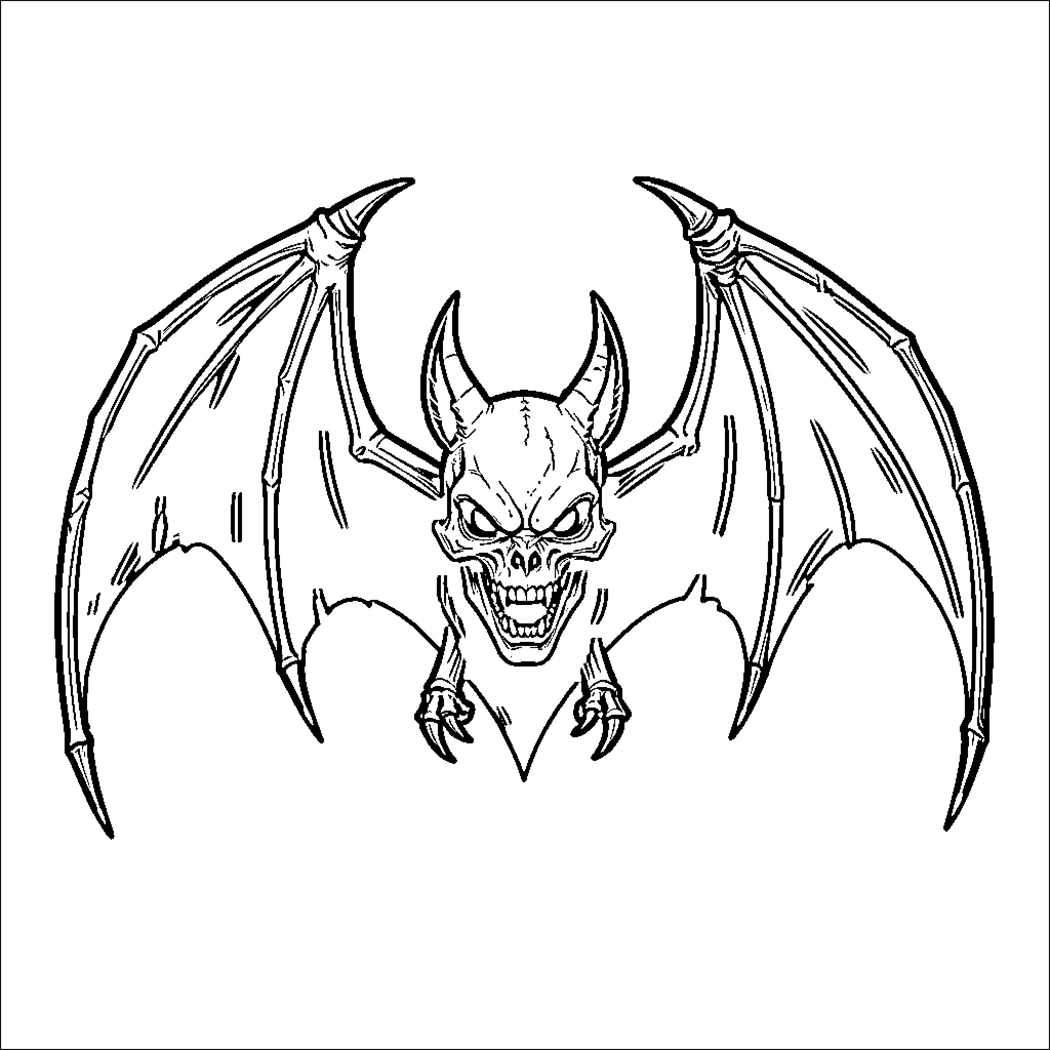 Death Bat with Fearsome Appearance and Outstretched Wings Coloring Page (free black-and-white line drawing printable PDF for all, from beginners to advanced learners, including children, teens, adults, and seniors)