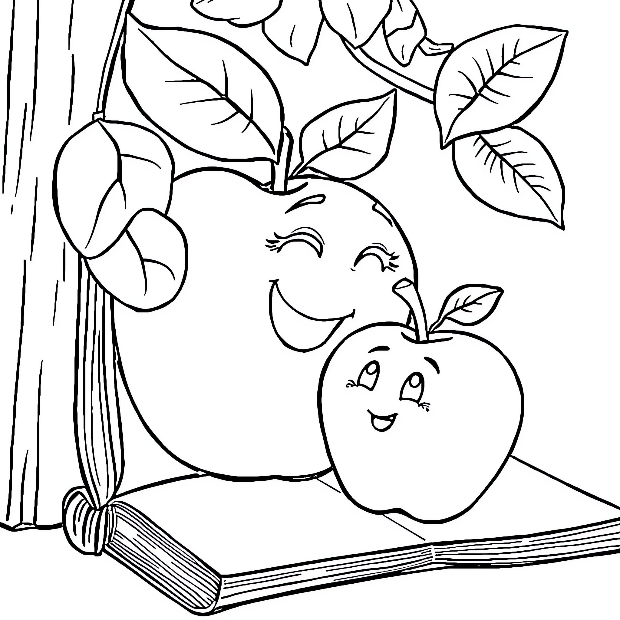 Apple-Themed Coloring Book Scene Coloring Page (free black-and-white line drawing printable PDF for all, from beginners to advanced learners, including children, teens, adults, and seniors)