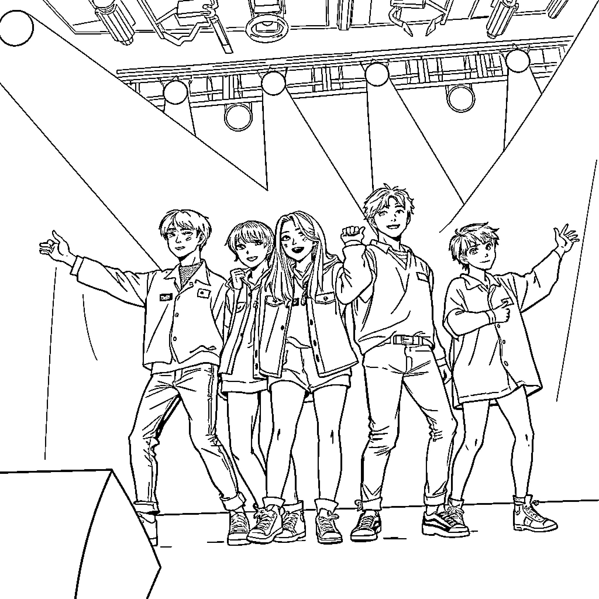 Stray Kids Posing Together Happily on Stage Coloring Page (free black-and-white line drawing printable PDF for all, from beginners to advanced learners, including children, teens, adults, and seniors)