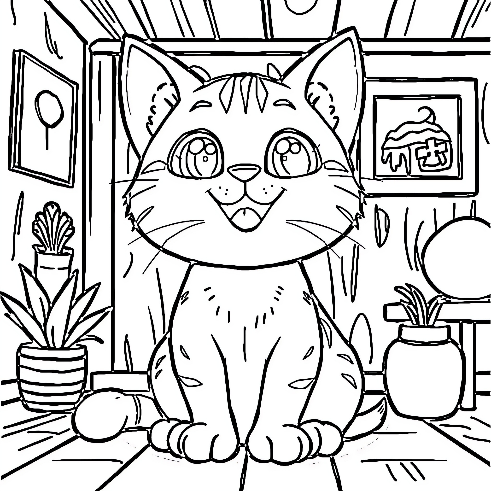Cat relaxing in cozy home environment Coloring Page (free black-and-white line drawing printable PDF for all, from beginners to advanced learners, including children, teens, adults, and seniors)