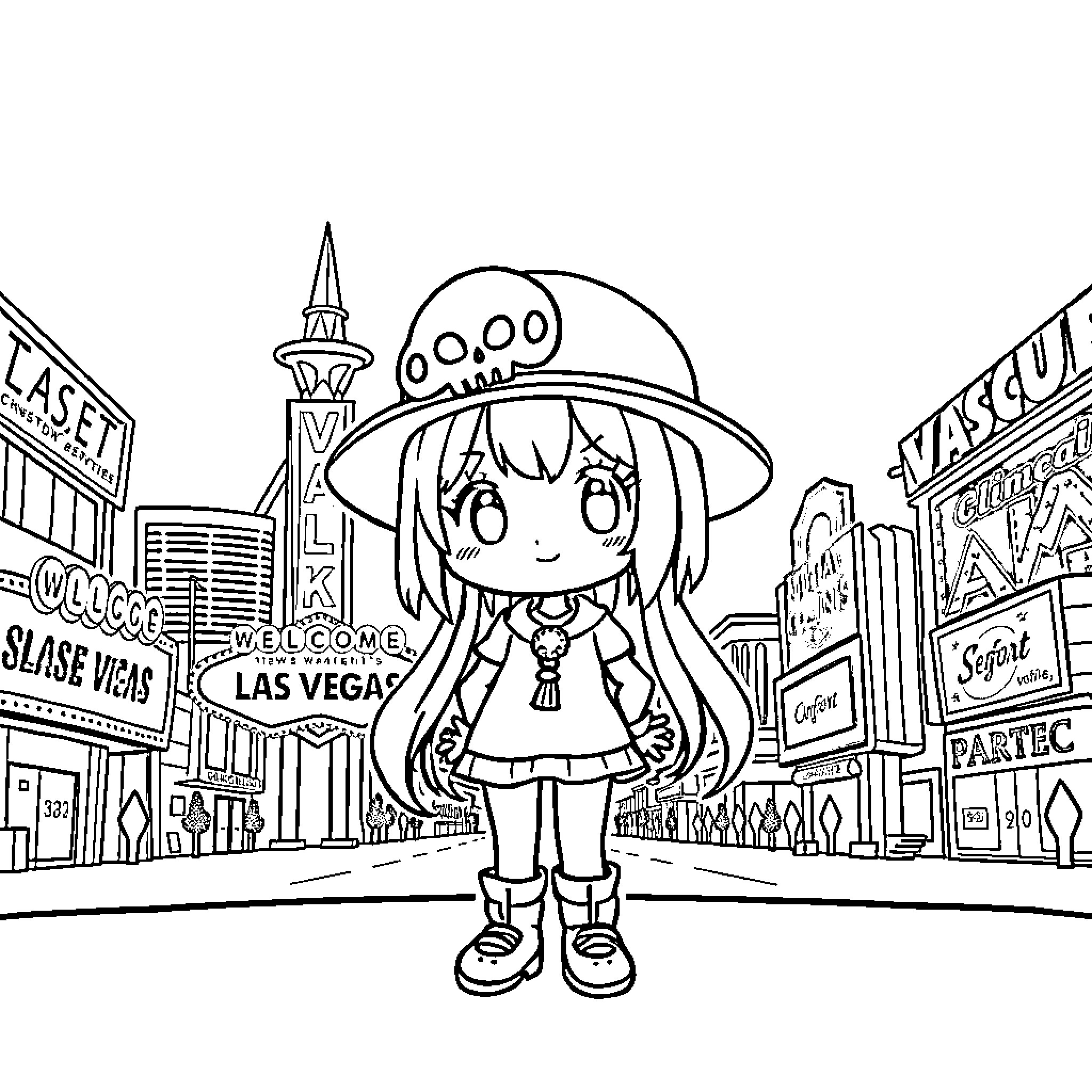 Kuromi exploring the vibrant streets of Las Vegas Coloring Page (free black-and-white line drawing printable PDF for all, from beginners to advanced learners, including children, teens, adults, and seniors)