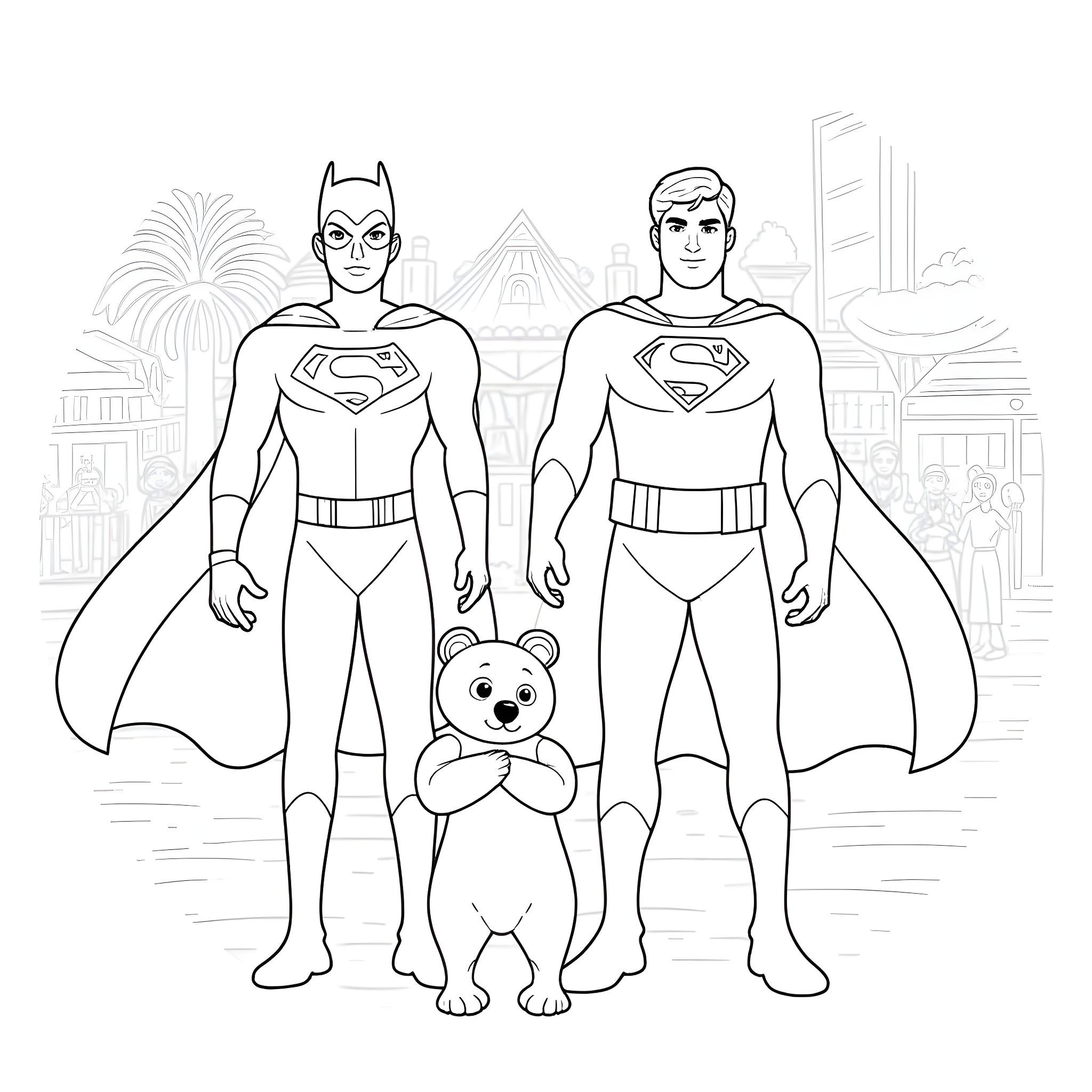 Panda superhero with Batman and Superman Coloring Page (free black-and-white line drawing printable PDF for all, from beginners to advanced learners, including children, teens, adults, and seniors)