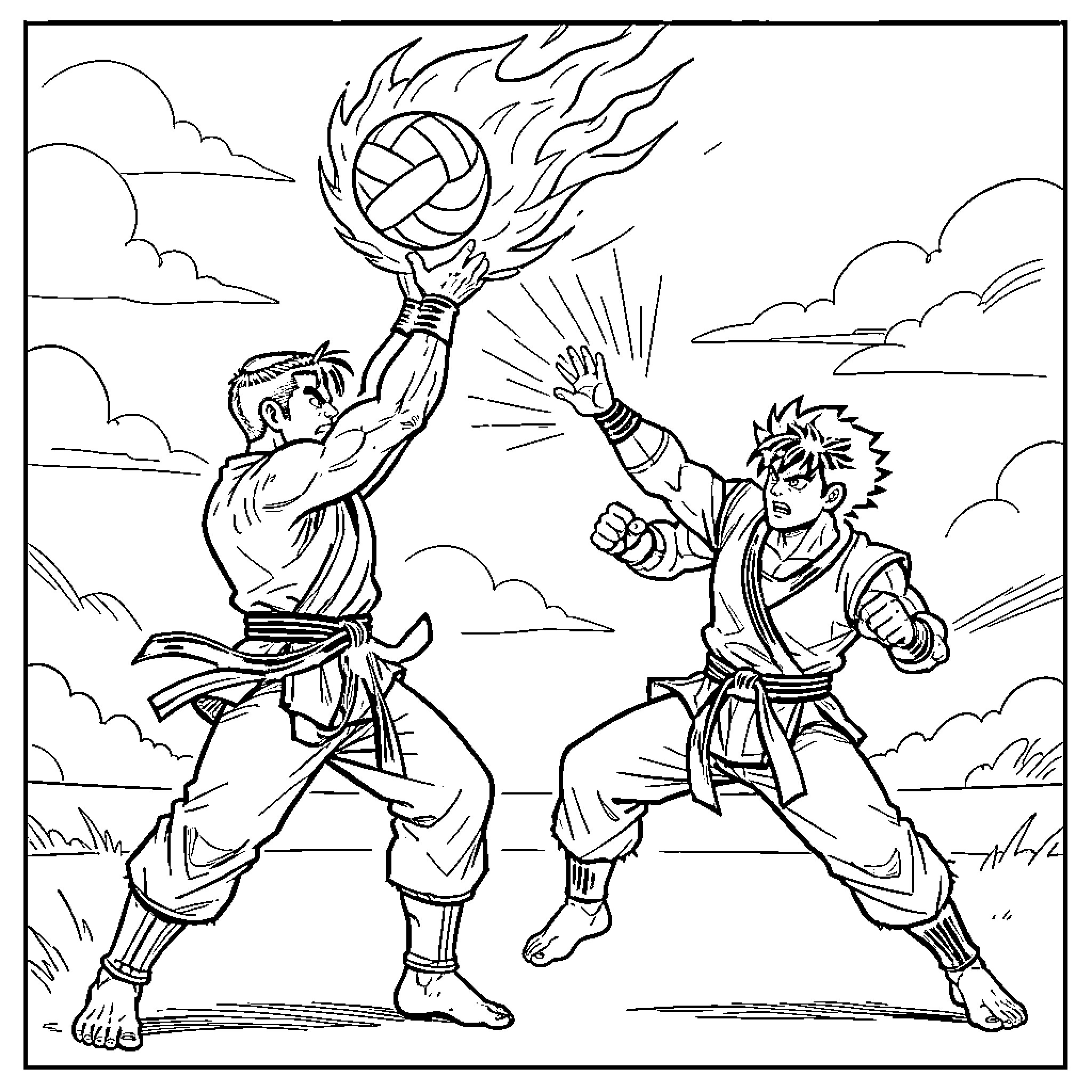 Ken's Fiery Volleyball Match with Rival Coloring Page (free black-and-white line drawing printable PDF for all, from beginners to advanced learners, including children, teens, adults, and seniors)