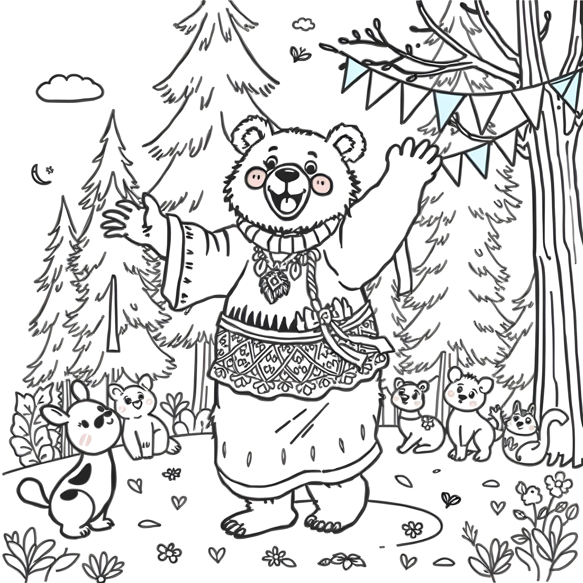 Bear dancing happily with animal friends in the forest Coloring Page (free black-and-white line drawing printable PDF for all, from beginners to advanced learners, including children, teens, adults, and seniors)
