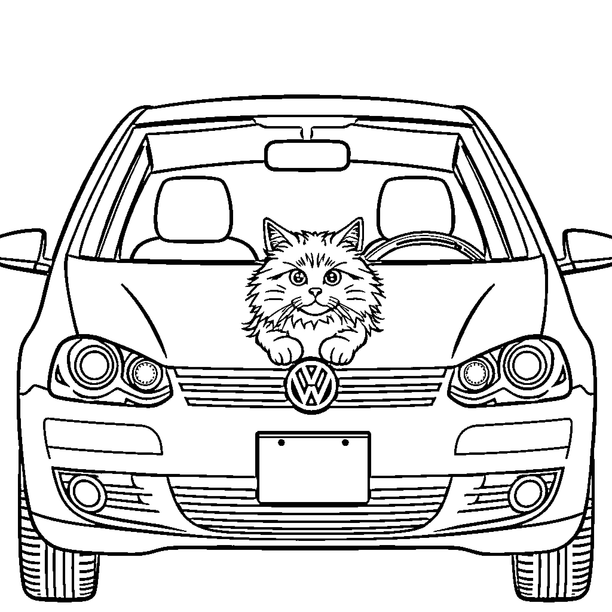 Cat peeking out from car window Coloring Page (free black-and-white line drawing printable PDF for all, from beginners to advanced learners, including children, teens, adults, and seniors)