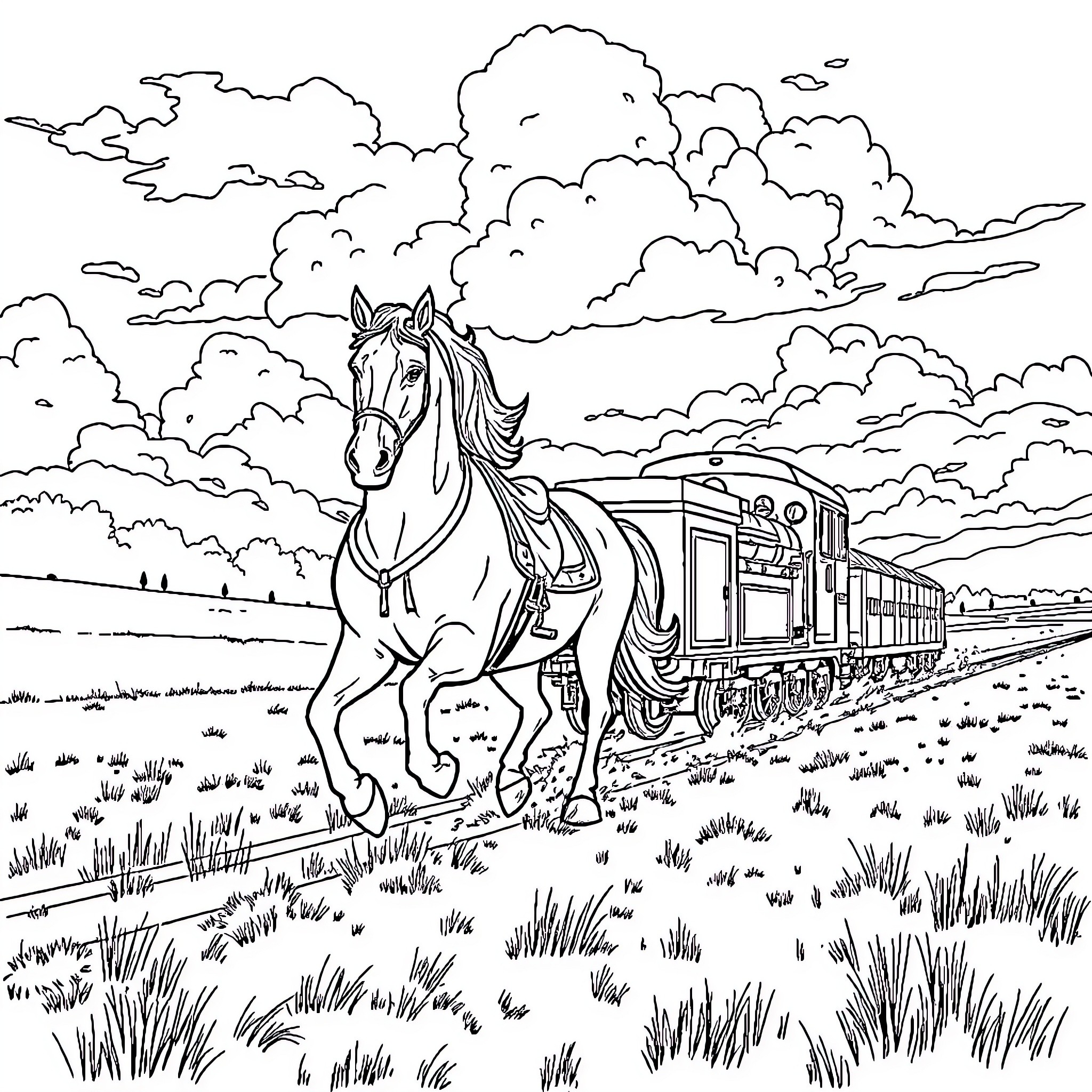 Horse pulling a train through a scenic landscape Coloring Page (free black-and-white line drawing printable PDF for all, from beginners to advanced learners, including children, teens, adults, and seniors)