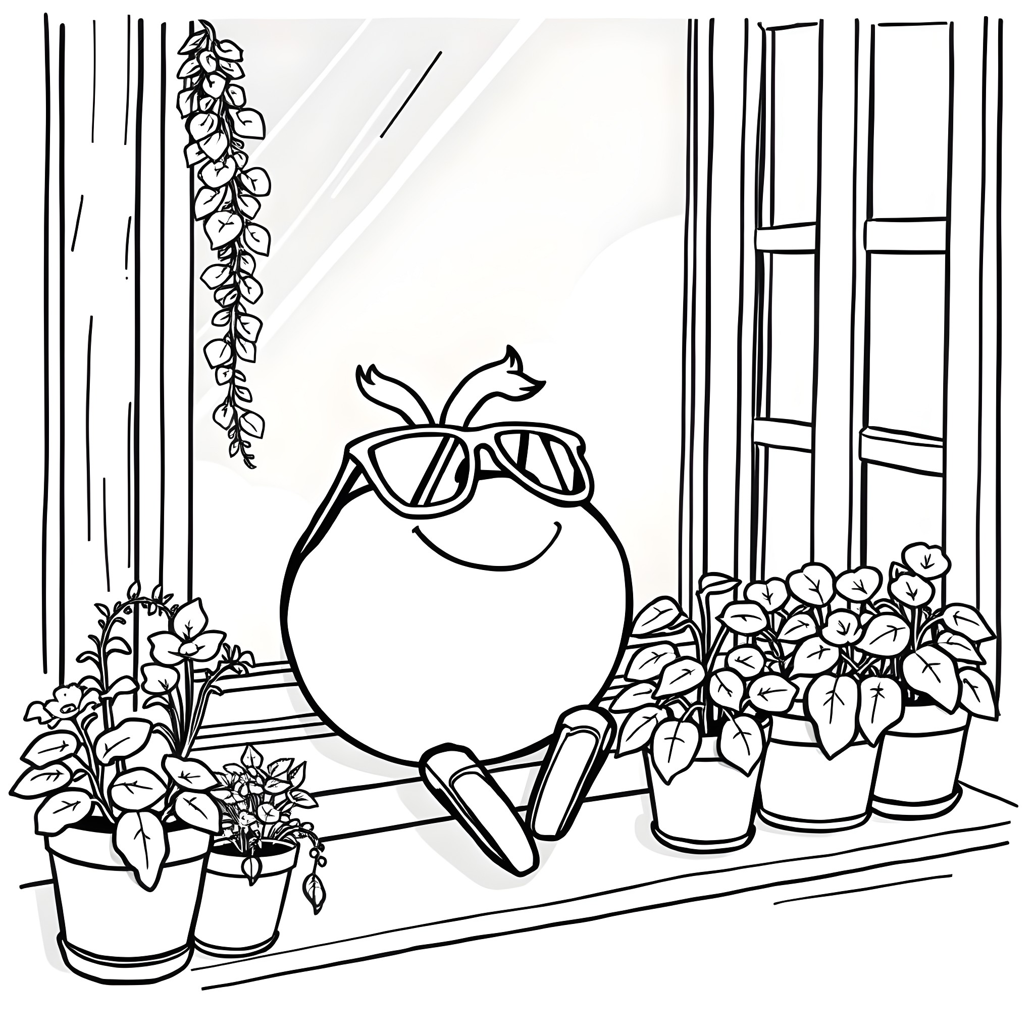 Tomato with Sunglasses and Potted Plants on Window Sill Coloring Page (free black-and-white line drawing printable PDF for all, from beginners to advanced learners, including children, teens, adults, and seniors)