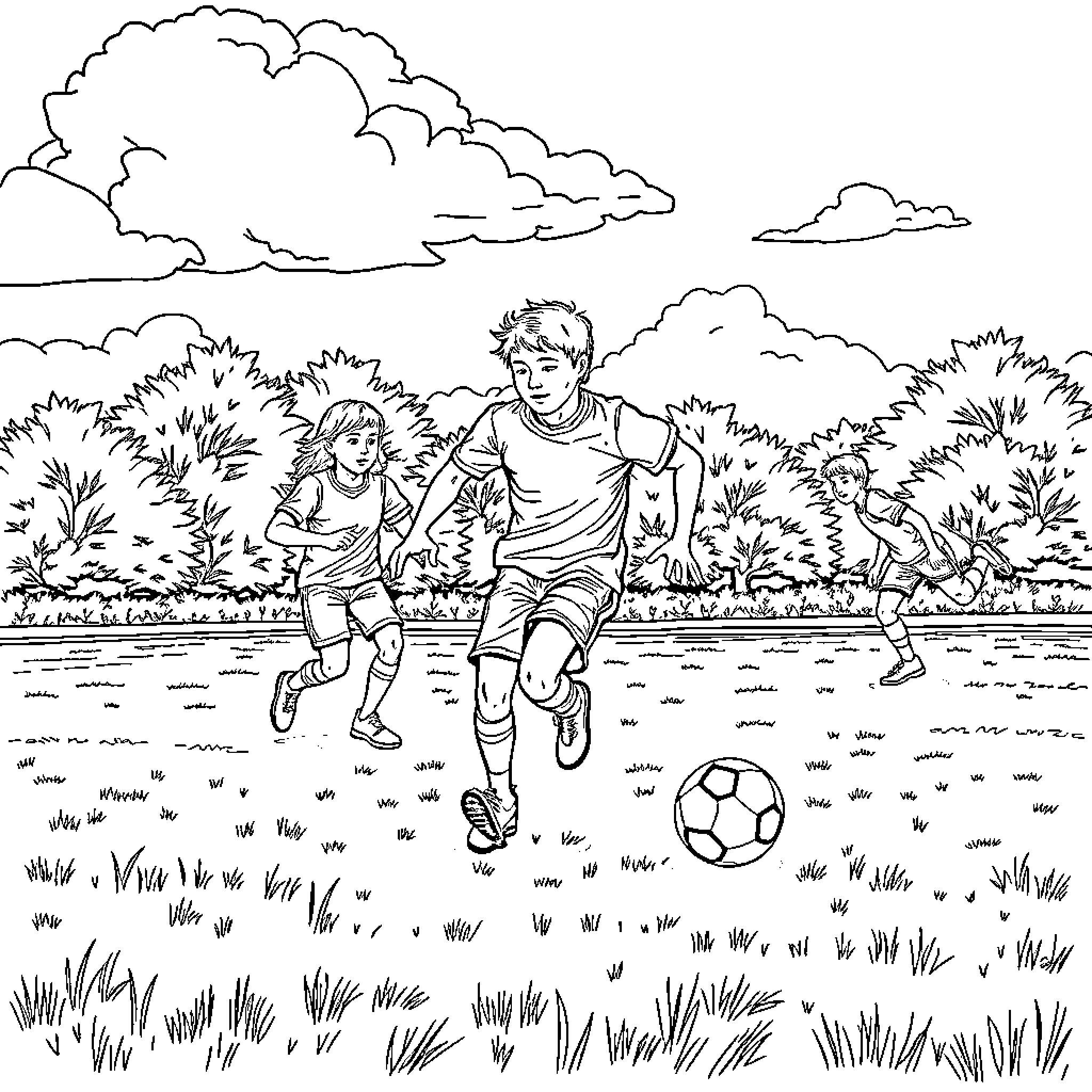 Football players in an outdoor field Coloring Page (free black-and-white line drawing printable PDF for all, from beginners to advanced learners, including children, teens, adults, and seniors)