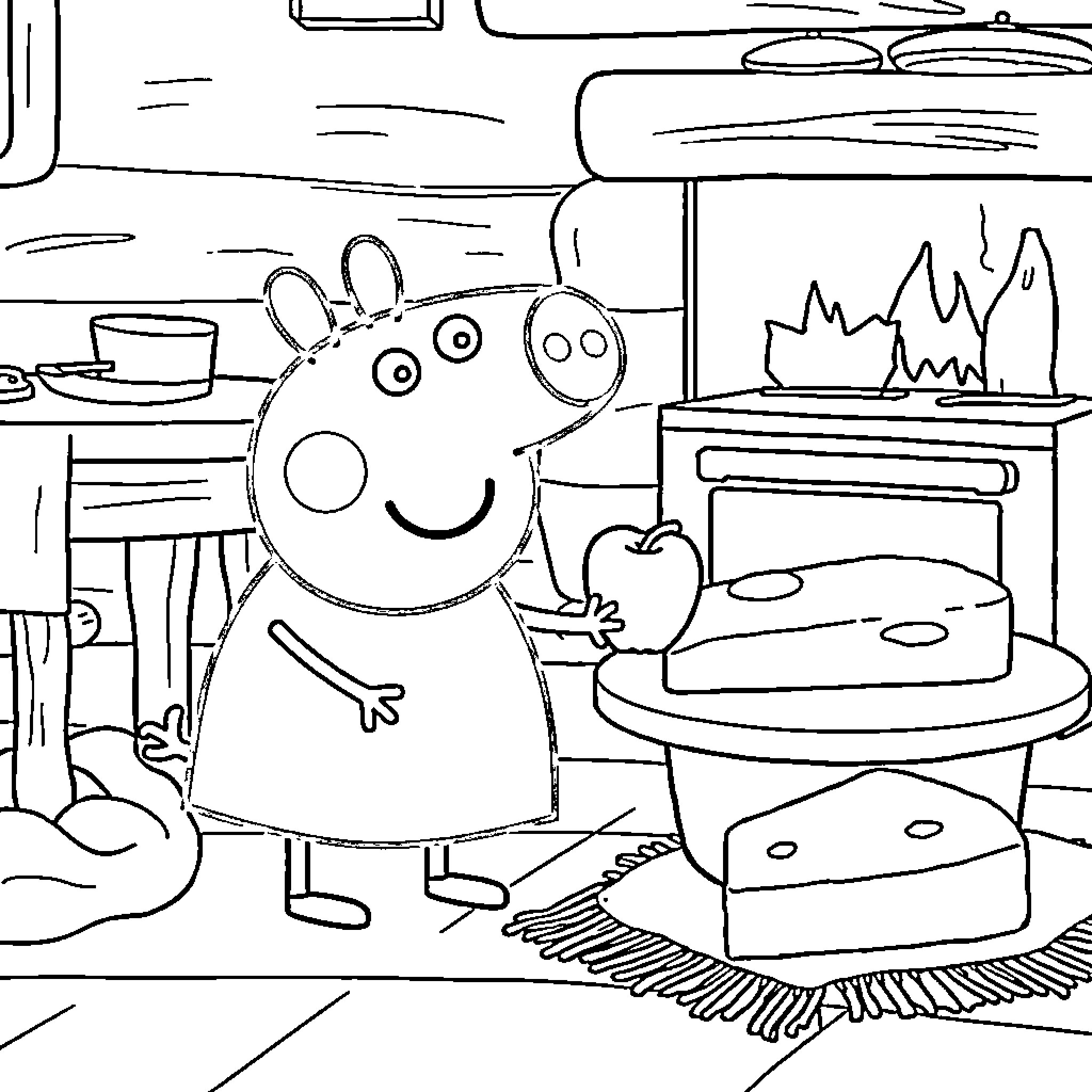Peppa Pig enjoying a snack in the kitchen Coloring Page (free black-and-white line drawing printable PDF for all, from beginners to advanced learners, including children, teens, adults, and seniors)
