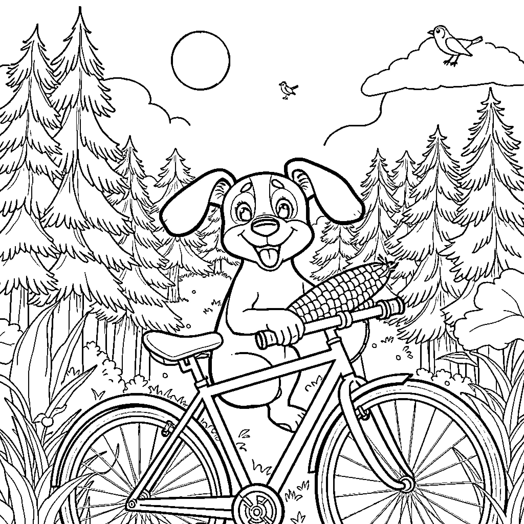Dog biking through the forest with a corn cob Coloring Page (free black-and-white line drawing printable PDF for all, from beginners to advanced learners, including children, teens, adults, and seniors)
