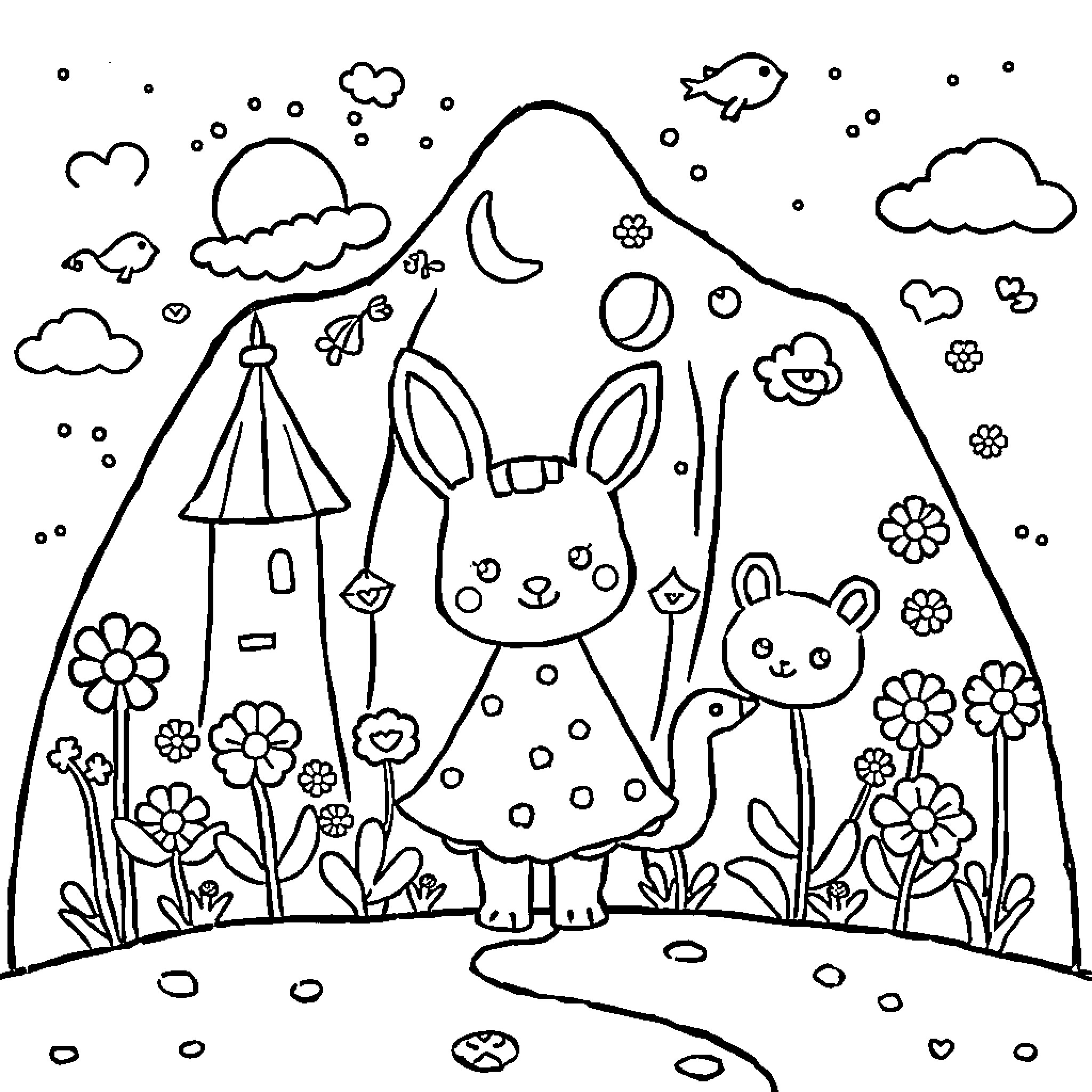 Cutecore Bunnies and Flowers in a Whimsical Landscape Coloring Page (free black-and-white line drawing printable PDF for all, from beginners to advanced learners, including children, teens, adults, and seniors)