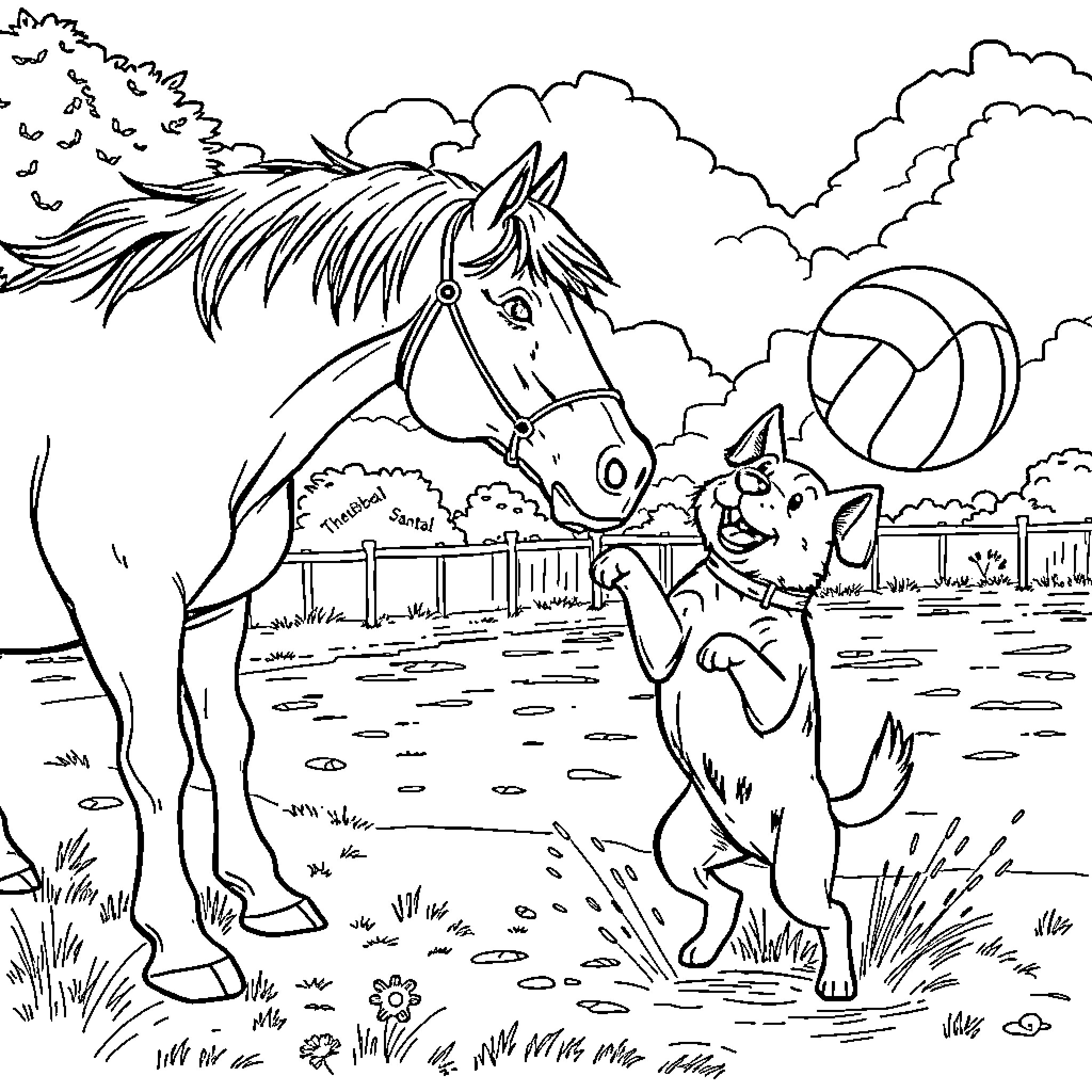 Dog playing with horse in field Coloring Page (free black-and-white line drawing printable PDF for all, from beginners to advanced learners, including children, teens, adults, and seniors)