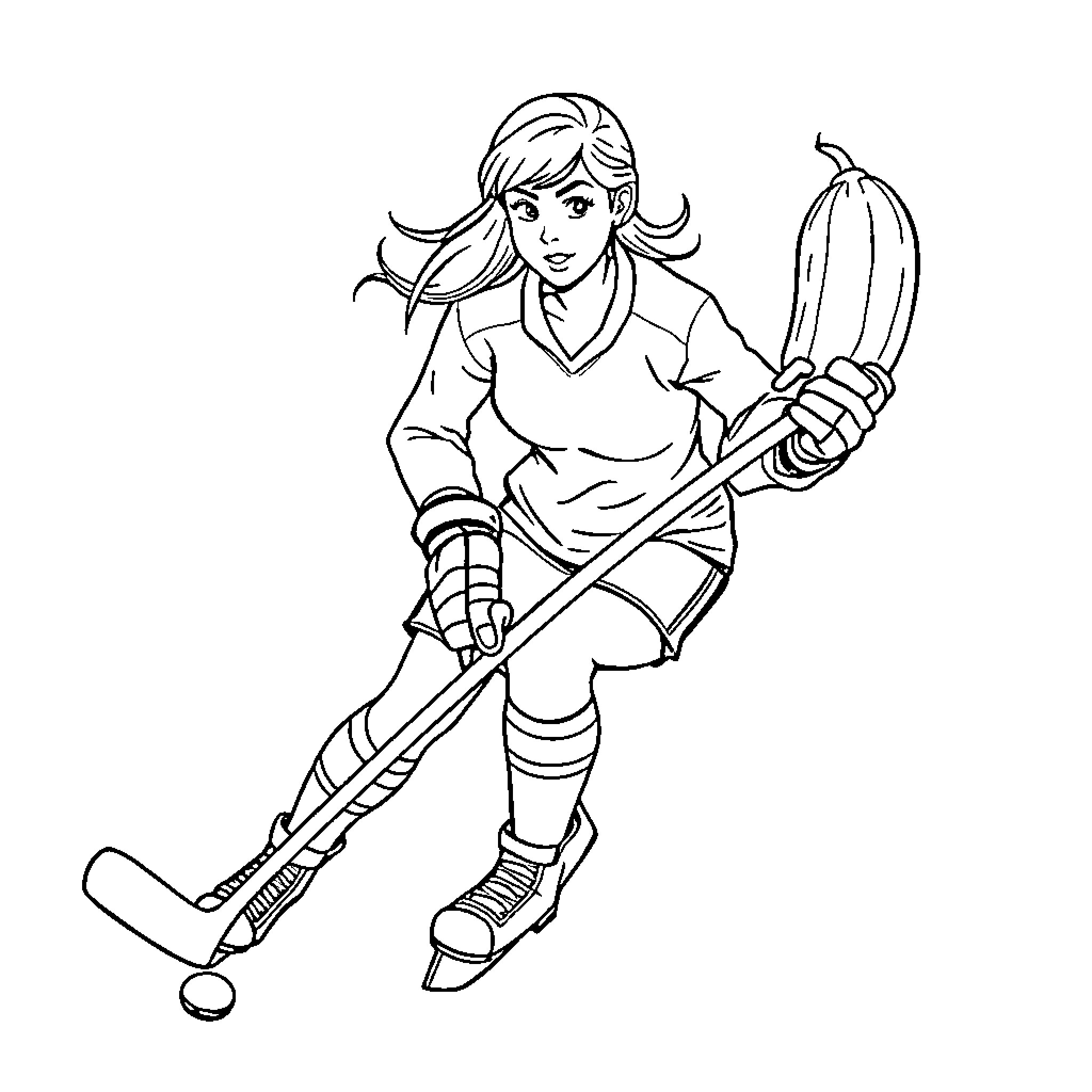 Woman Playing Field Hockey with Determination Coloring Page (free black-and-white line drawing printable PDF for all, from beginners to advanced learners, including children, teens, adults, and seniors)