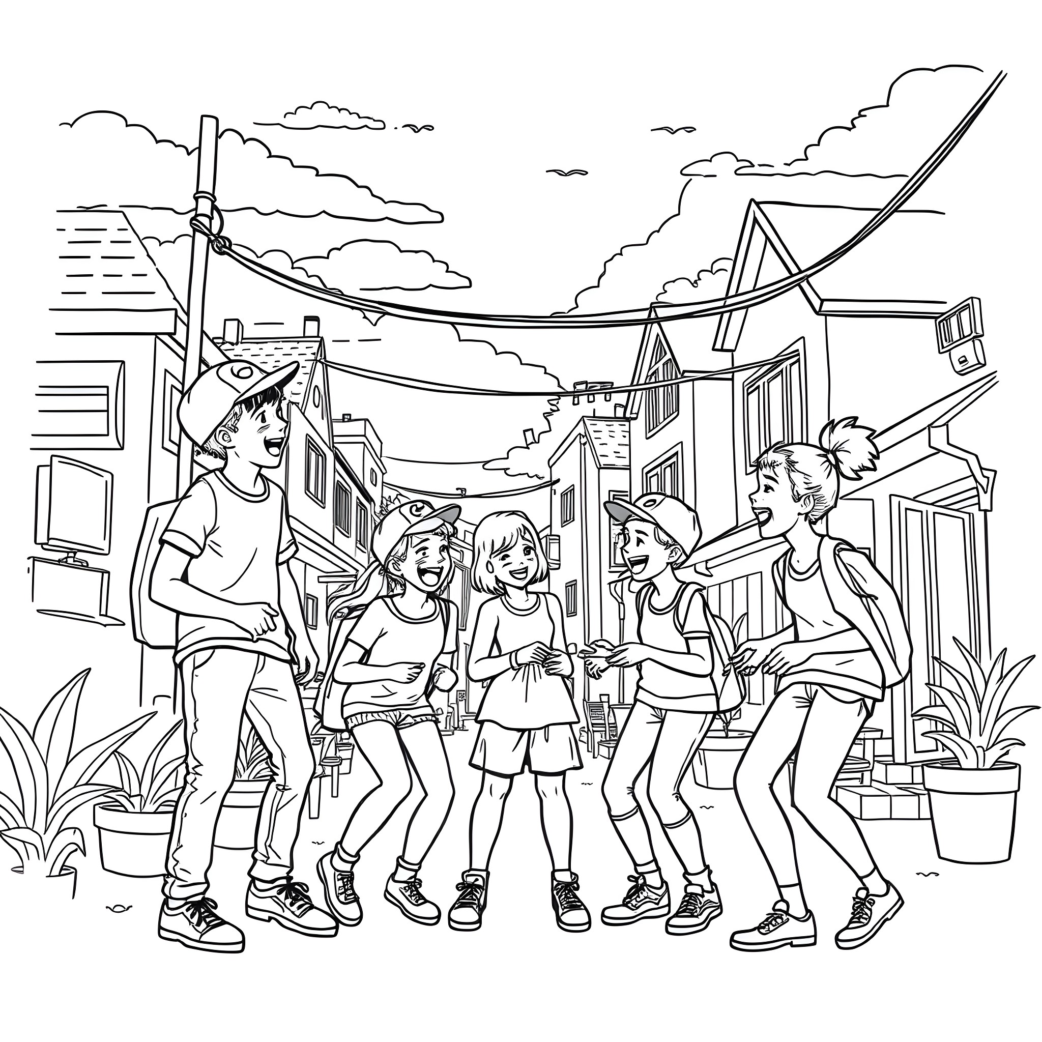 Muchacho Friends Enjoying the City Sights Coloring Page (free black-and-white line drawing printable PDF for all, from beginners to advanced learners, including children, teens, adults, and seniors)