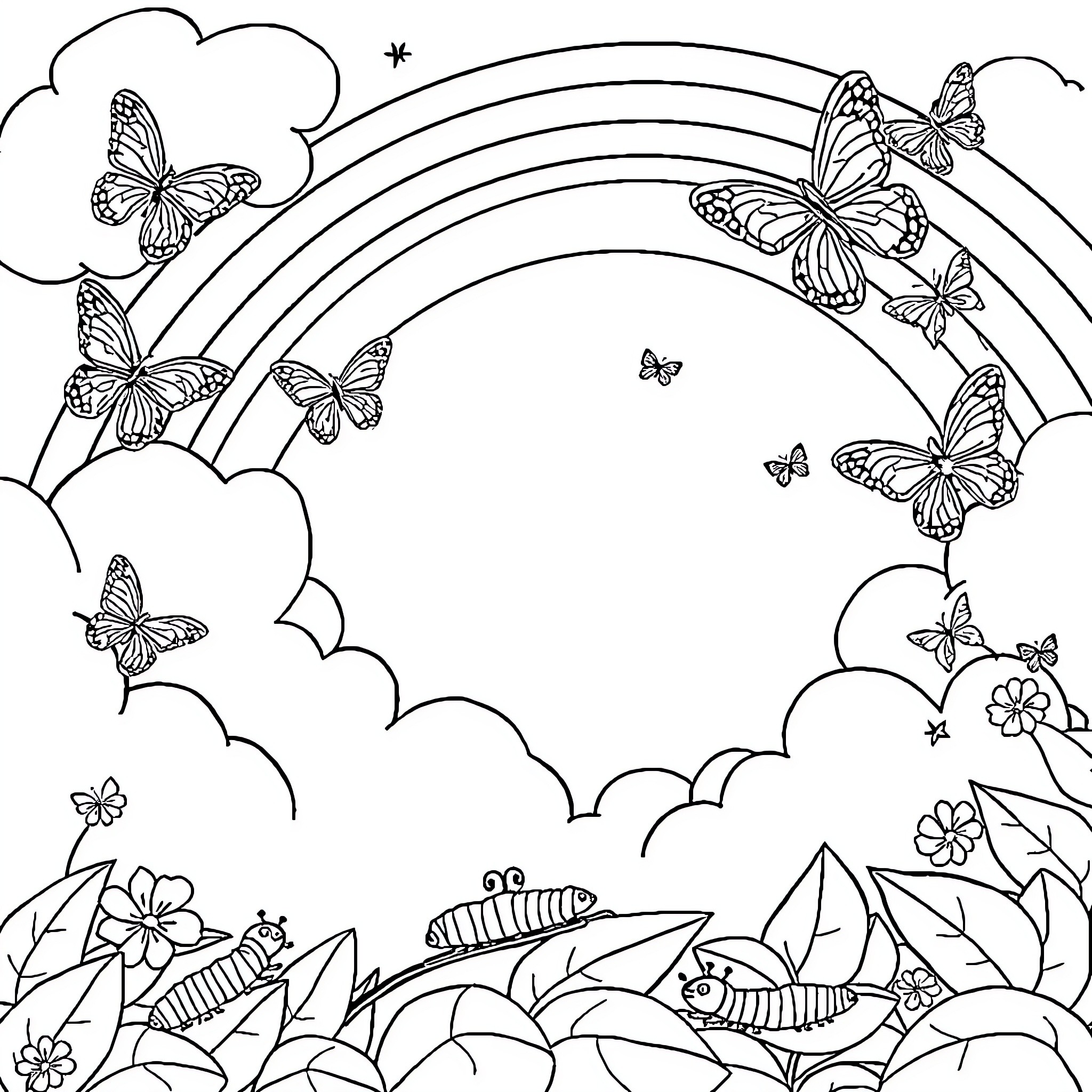 Rainbow Butterflies Dancing in the Clouds Coloring Page (free black-and-white line drawing printable PDF for all, from beginners to advanced learners, including children, teens, adults, and seniors)