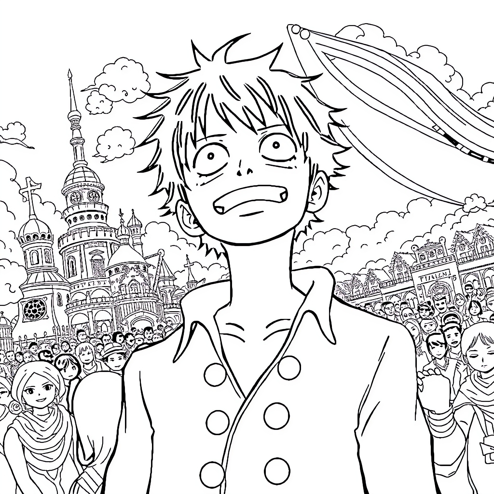 Luffy's Adventurous Explorations in the Bustling City Coloring Page (free black-and-white line drawing printable PDF for all, from beginners to advanced learners, including children, teens, adults, and seniors)