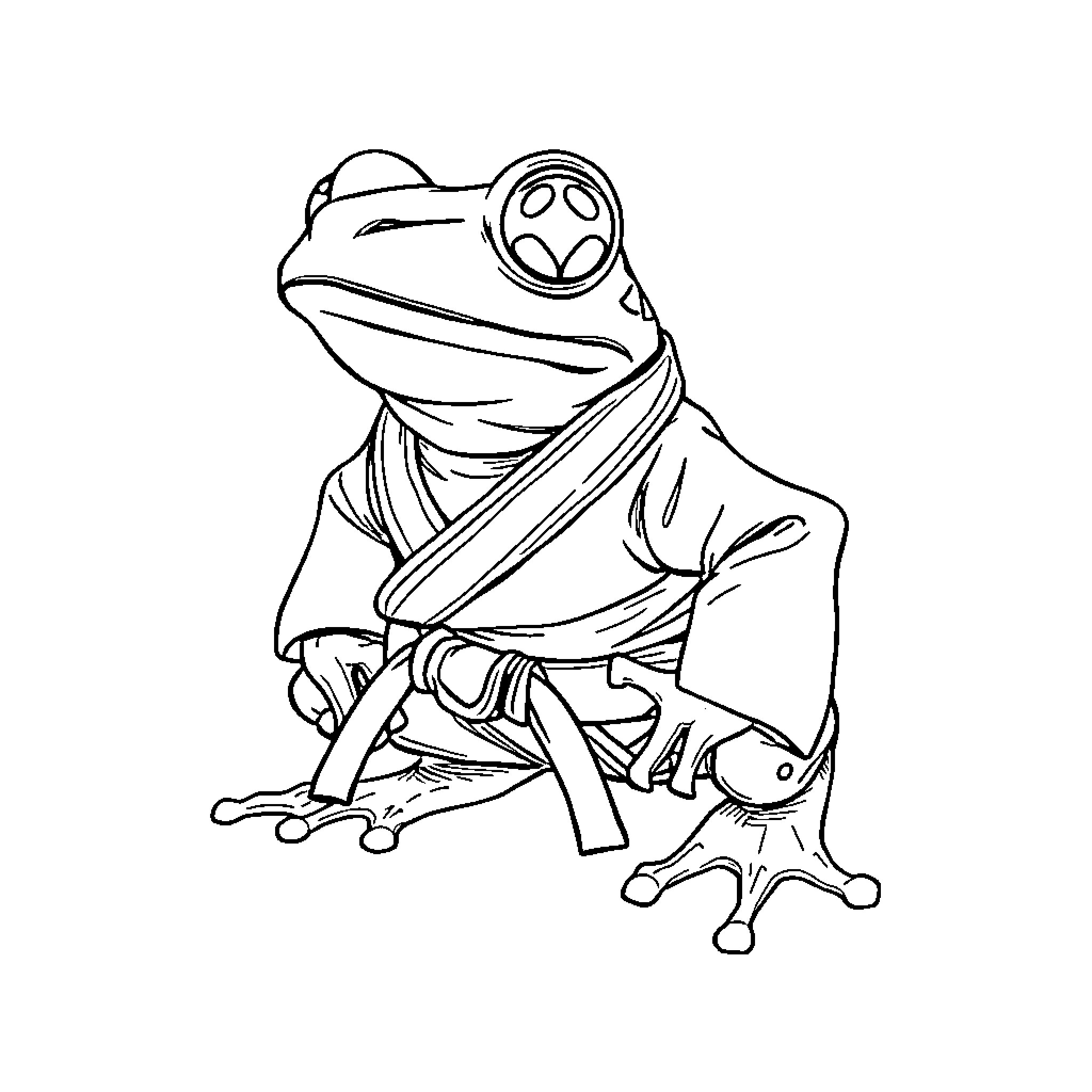 Coqui frog practicing martial arts Coloring Page (free black-and-white line drawing printable PDF for all, from beginners to advanced learners, including children, teens, adults, and seniors)