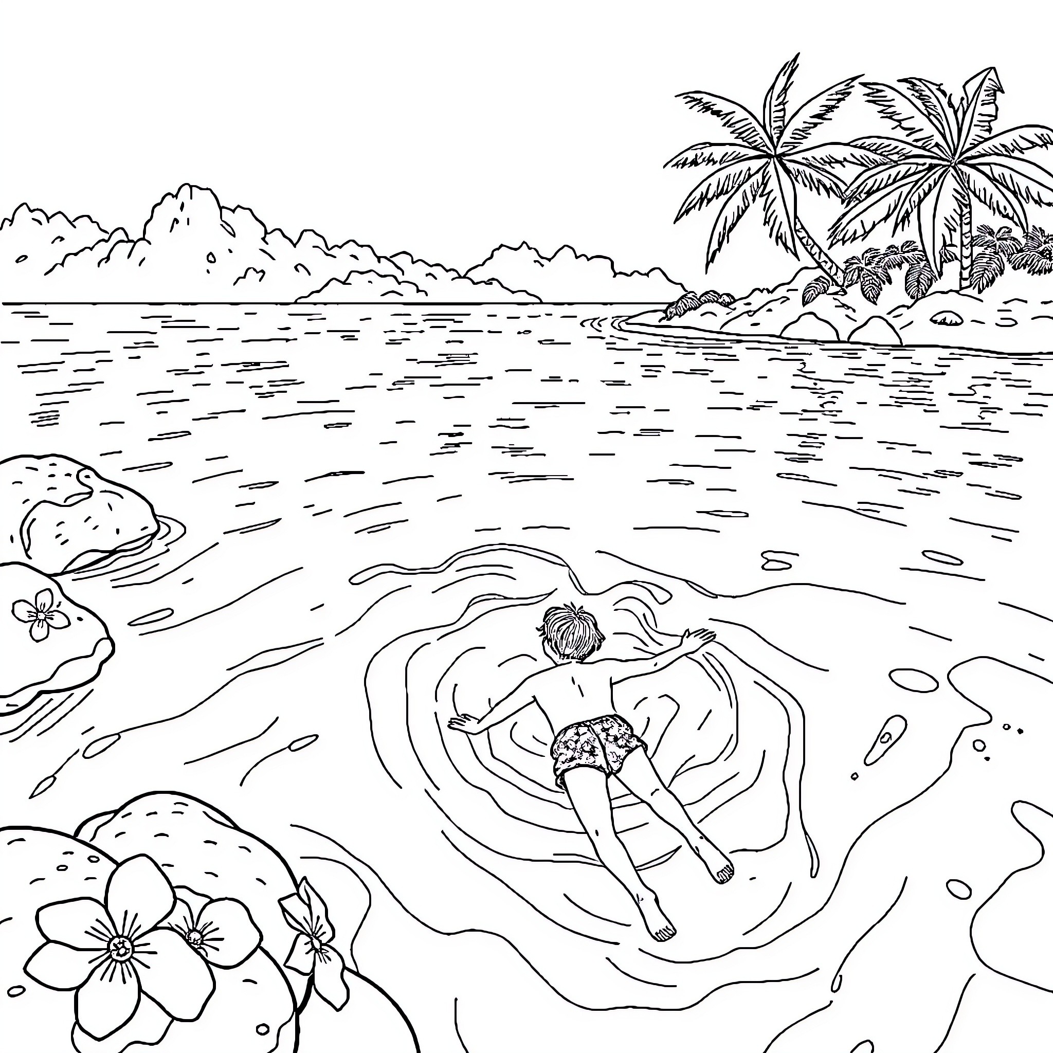 Bluey relaxing in a peaceful tropical paradise Coloring Page (free black-and-white line drawing printable PDF for all, from beginners to advanced learners, including children, teens, adults, and seniors)