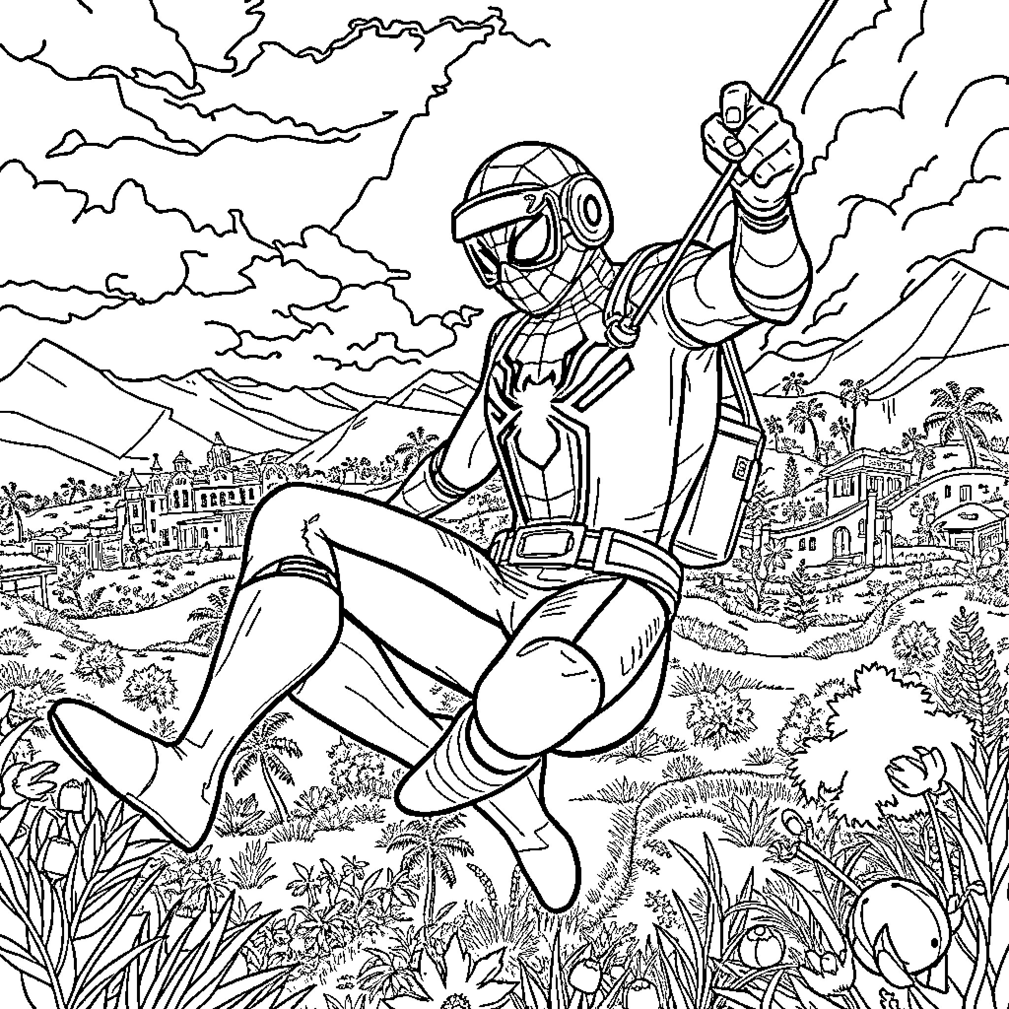 Spiderman swinging through scenic landscape Coloring Page (free black-and-white line drawing printable PDF for all, from beginners to advanced learners, including children, teens, adults, and seniors)