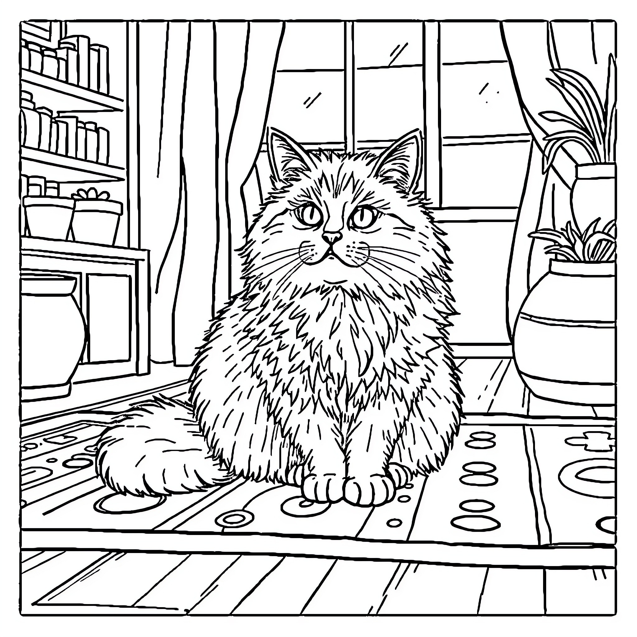 Cat resting peacefully in cozy indoor setting Coloring Page (free black-and-white line drawing printable PDF for all, from beginners to advanced learners, including children, teens, adults, and seniors)